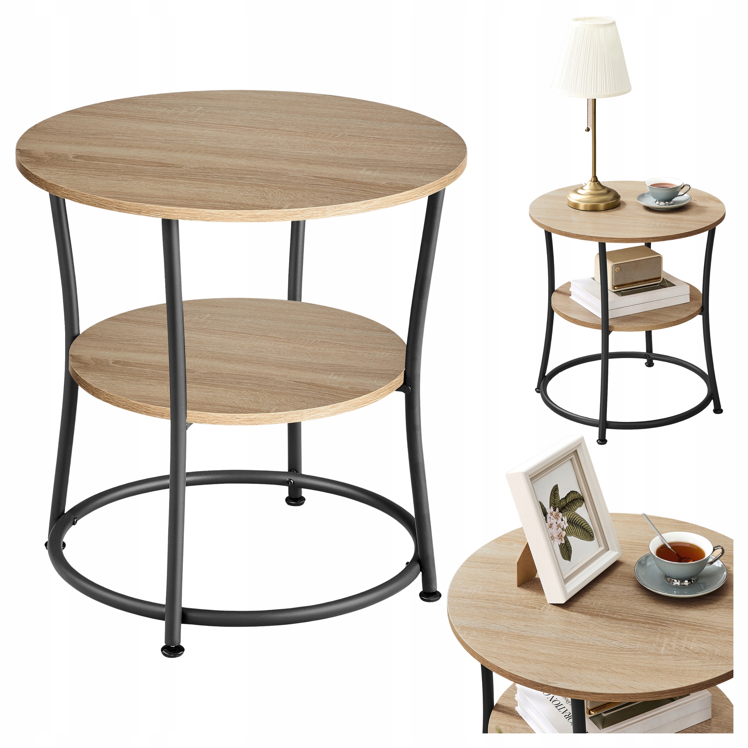 Konferenční stolek Kulatý S Poličkou Stolek K Pohovce Ocelový Rám Dub Sonoma