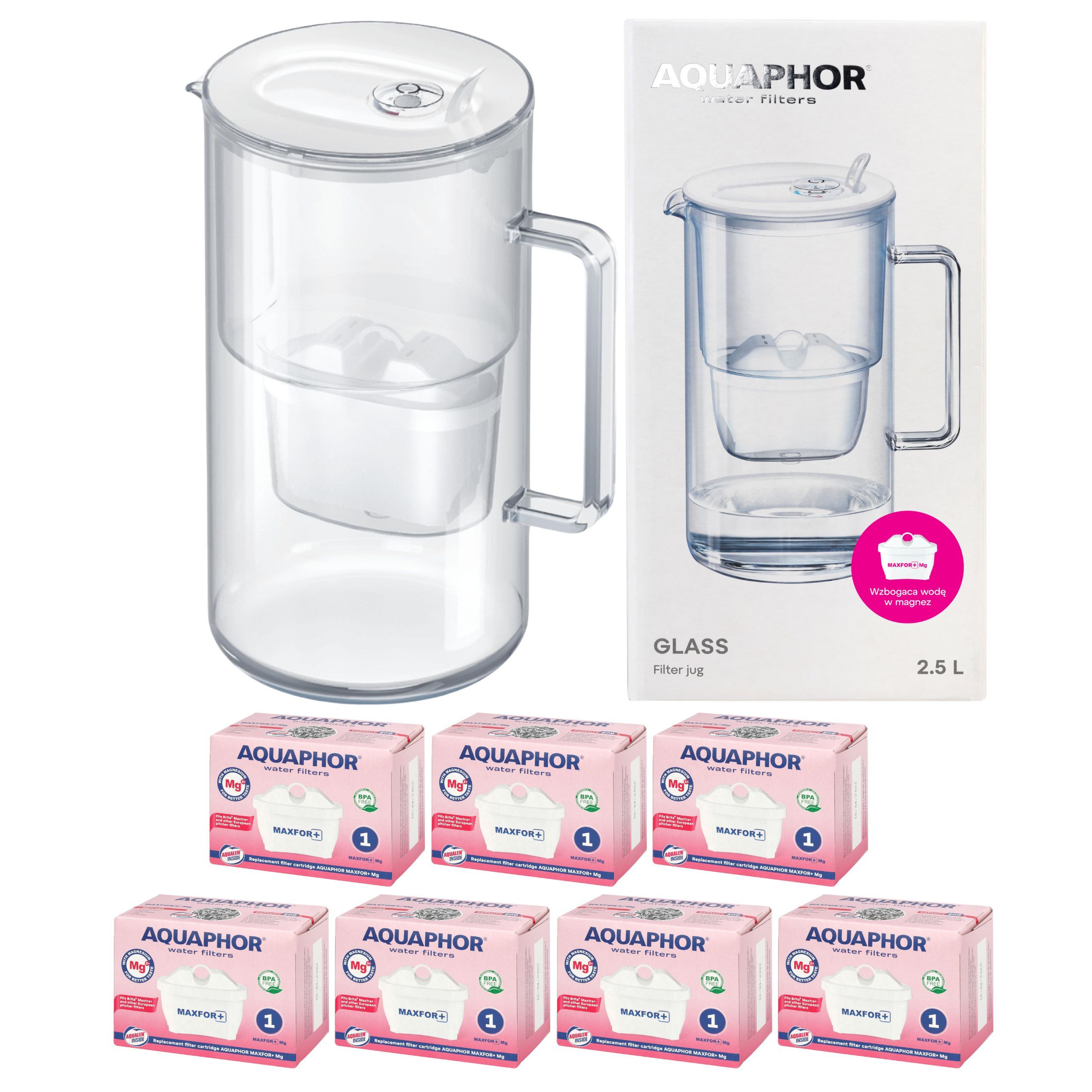 Džbán Aquaphor Glass biely 2,5L sklenený na vodu 7 filtrov Maxfor+ Mg
