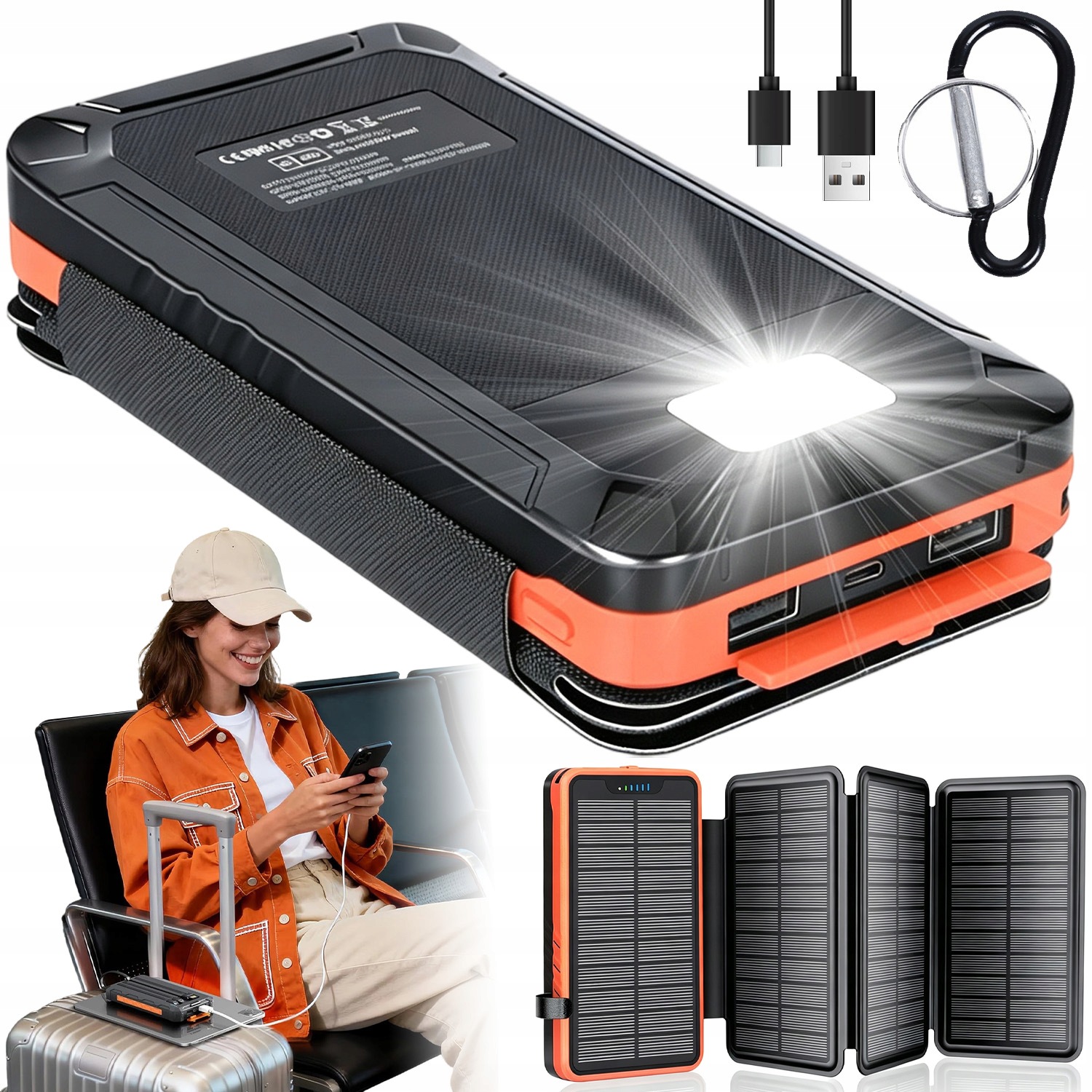 Powerbank Słoneczny 26800MAH 3 Porty Usb Latarka Sos Kemping Survival