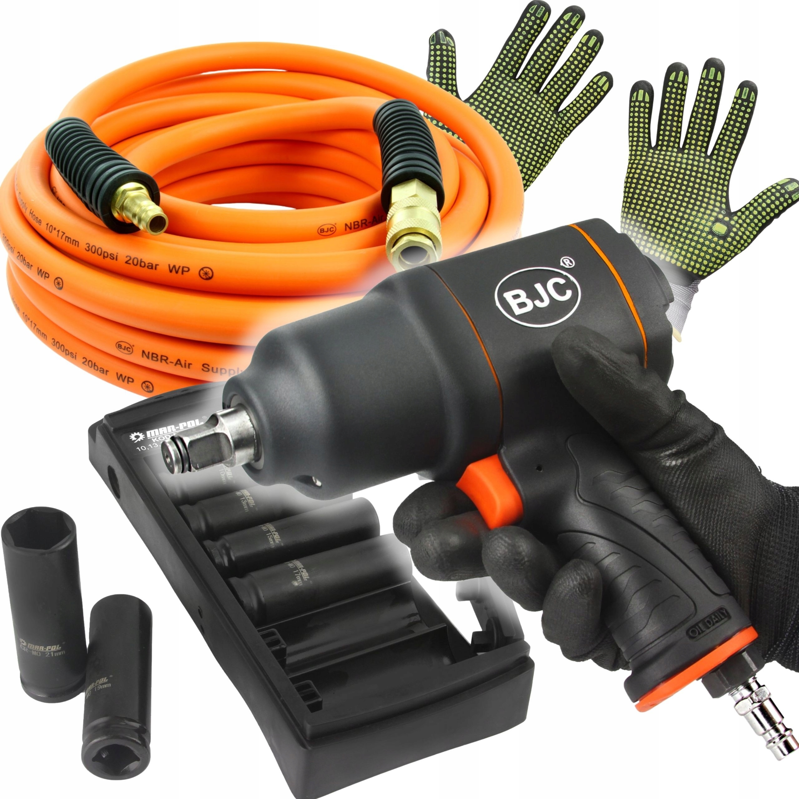 Sada Udarových Nástavcov 1/2" Dlhá 10-21 mm Rázový Uťahovák Hadica 10 m Rukavice