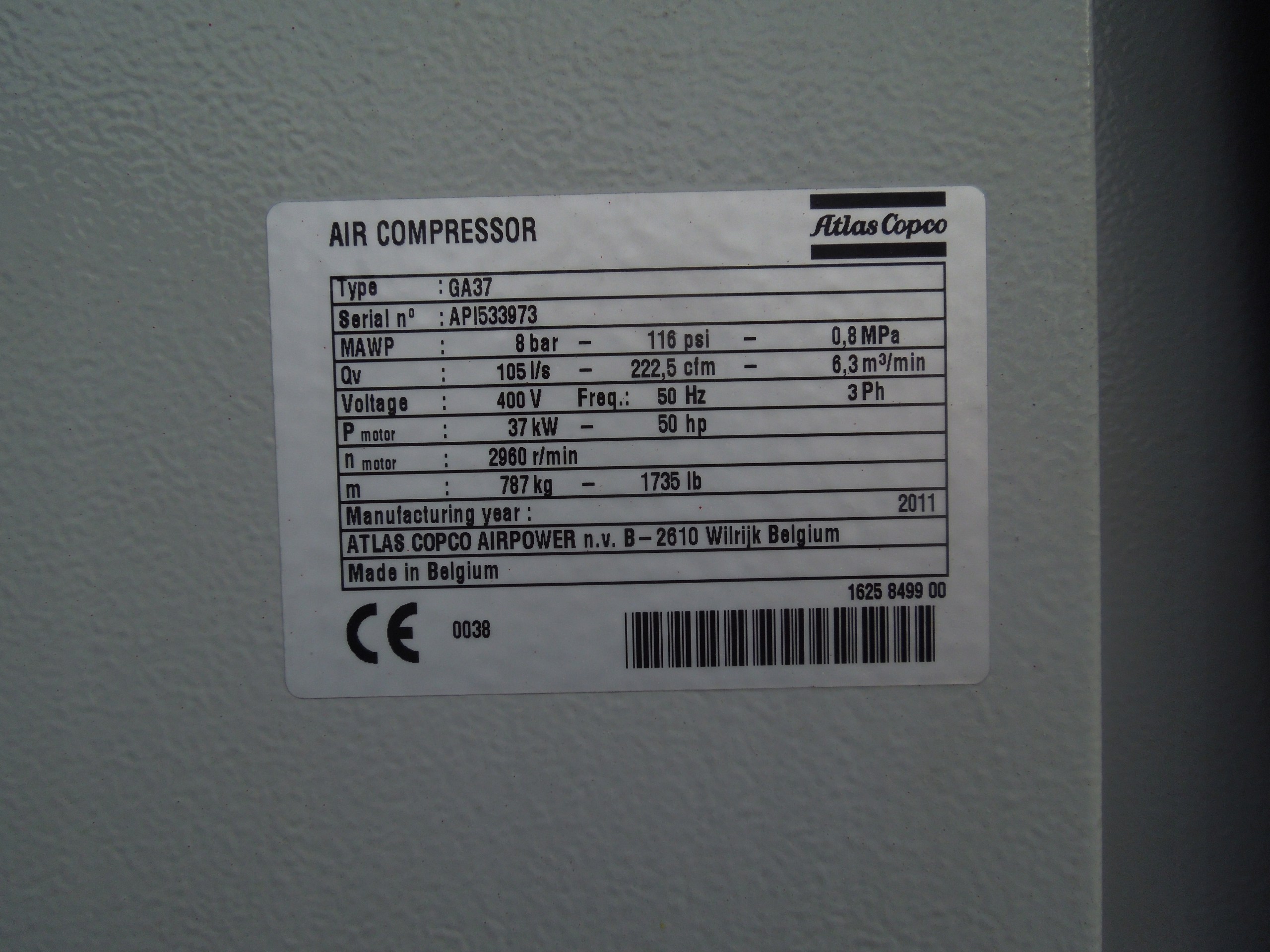 SPRĘŻARKA ŚRUBOWA ATLAS COPCO GA37 37Kw 2011r! Marka Atlas Copco