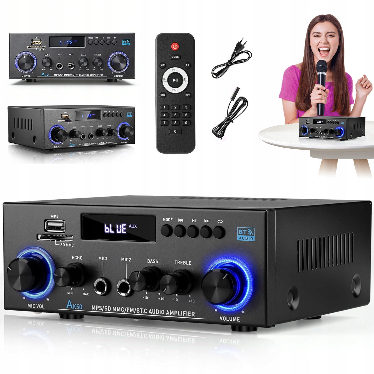 2 Kanálový Bluetooth Audio Zesilovač Fm Rádio Usb Sd Dálkové Ovládání Karaoke AK-50