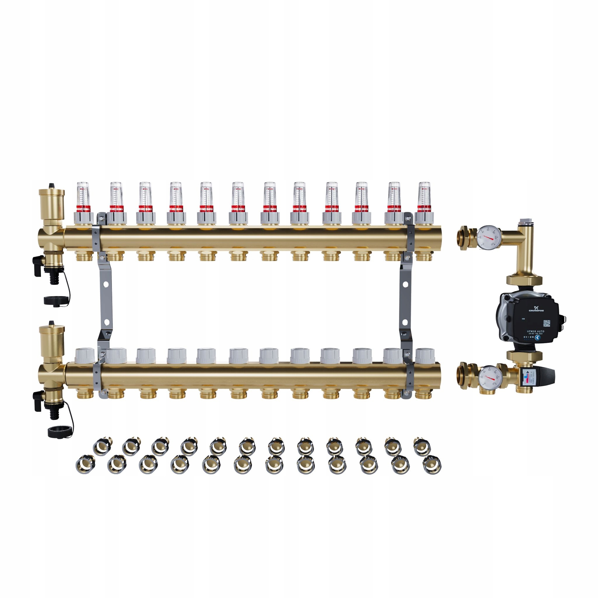 Rozdělovač pro podlahové topení 12 sekcí Spojky Pex+pompa Grundfos