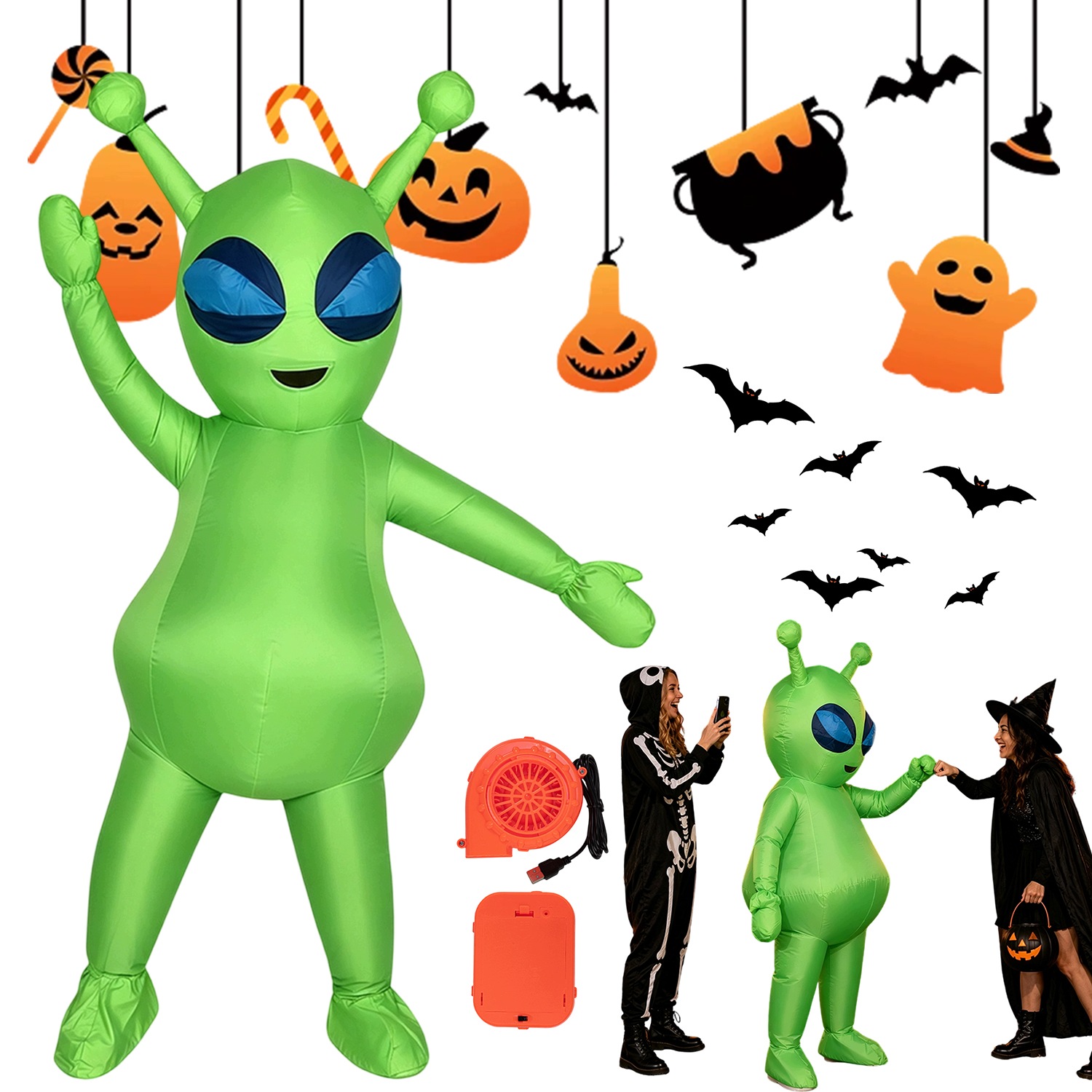 Nafukovací kostým mimozemšťana s tykadly pro dospělé 150-190 cm Halloween na ples