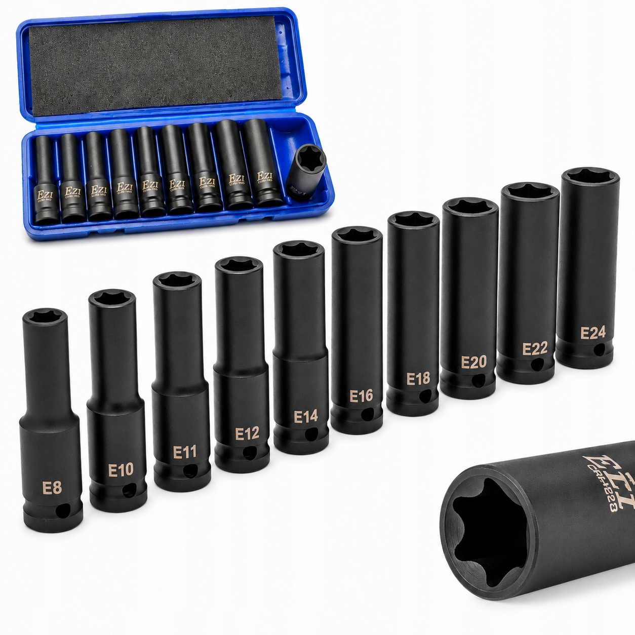 Nasadki udarowe klucze nasadowe z profilem Torx E 1/2" E8-E24 10szt. Cr-Mo