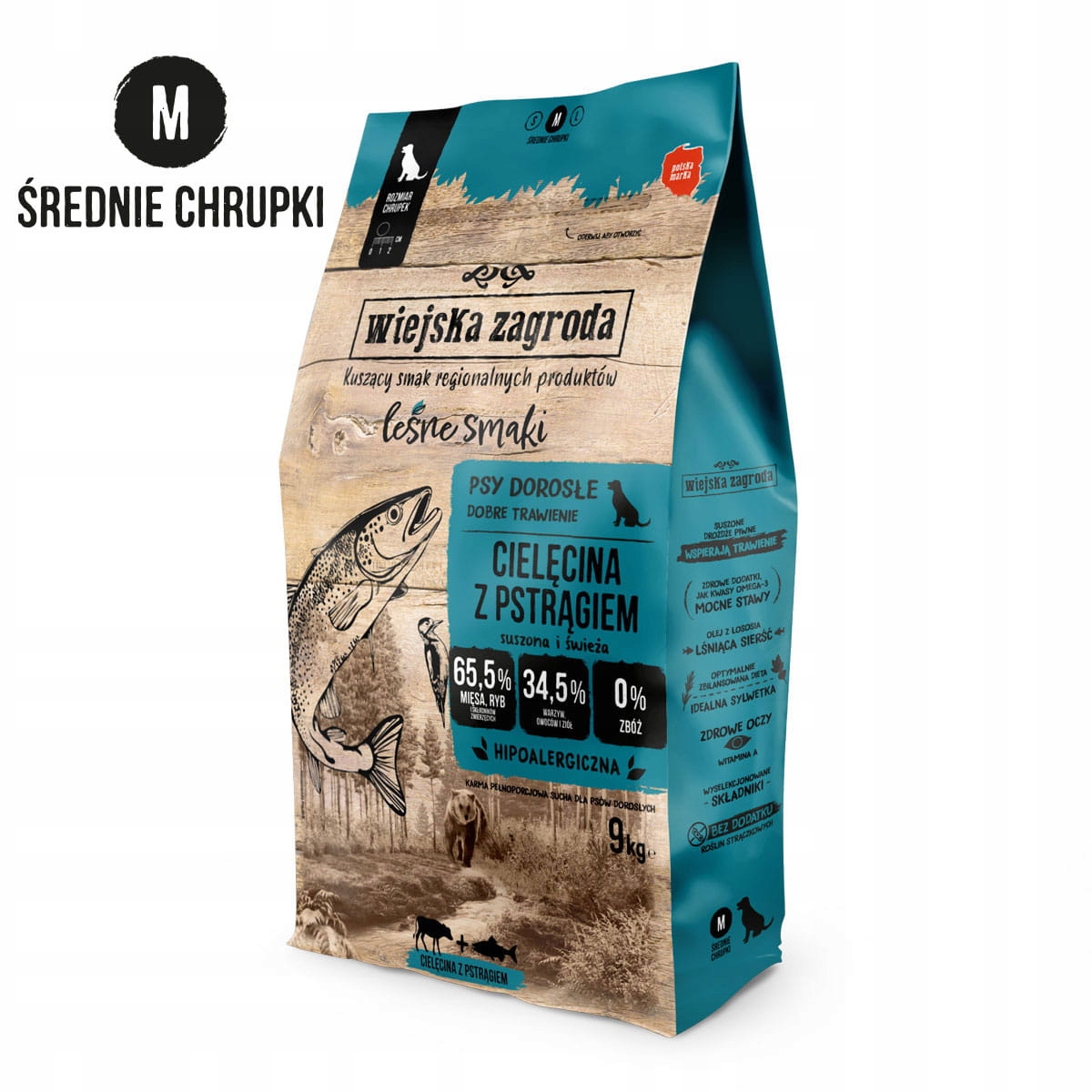 Levně Wiejska Zagroda krmivo pro psa telecí maso s pstruhem a křupkami M 9 kg