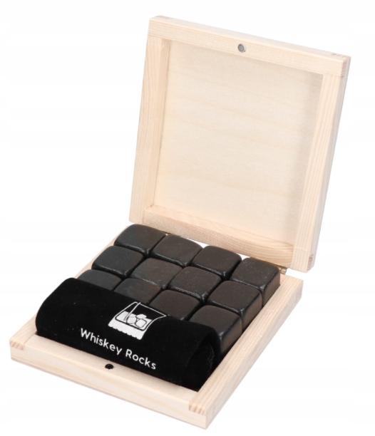 KAMIENIE DO WHISKY KAMIENNE KOSTKI BAZALT CZARNE 12szt PUDEŁKO DREWNIANE