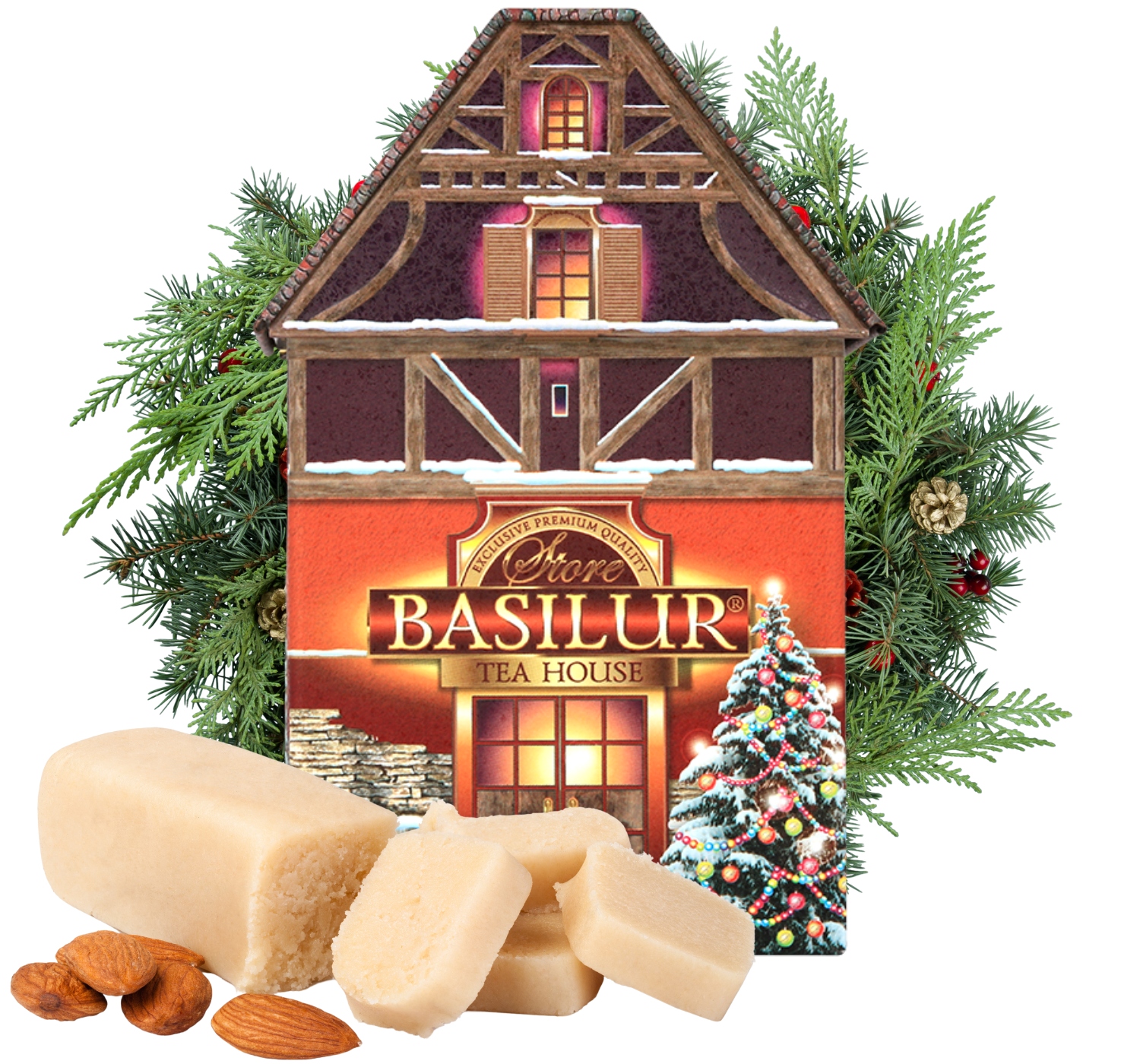 Levně Basilur Christmas House čaj Marcipán plechovka Zimní domek 100 g