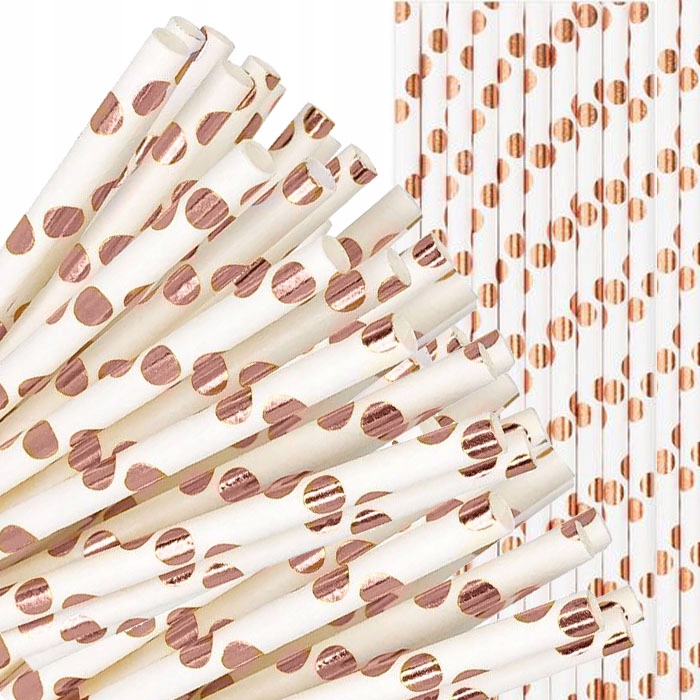 Słomki papierowe BIAŁE kropki RÓŻOWE ZŁOTO rurki picia urodziny PARTY 10szt