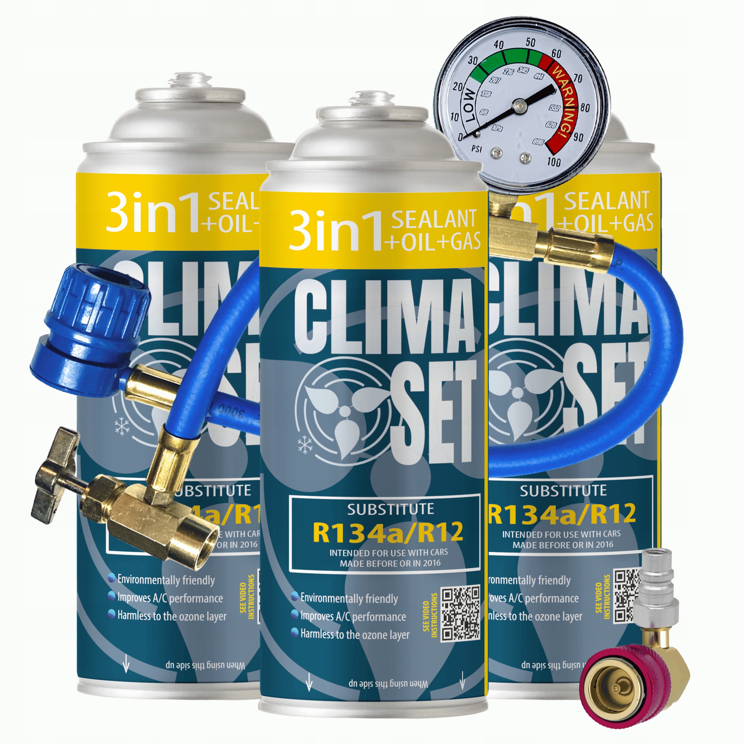 Sada pro plnění klimatizace klimatizace 3v1 R134a x3, olej, těsnicí prostředek, adaptér