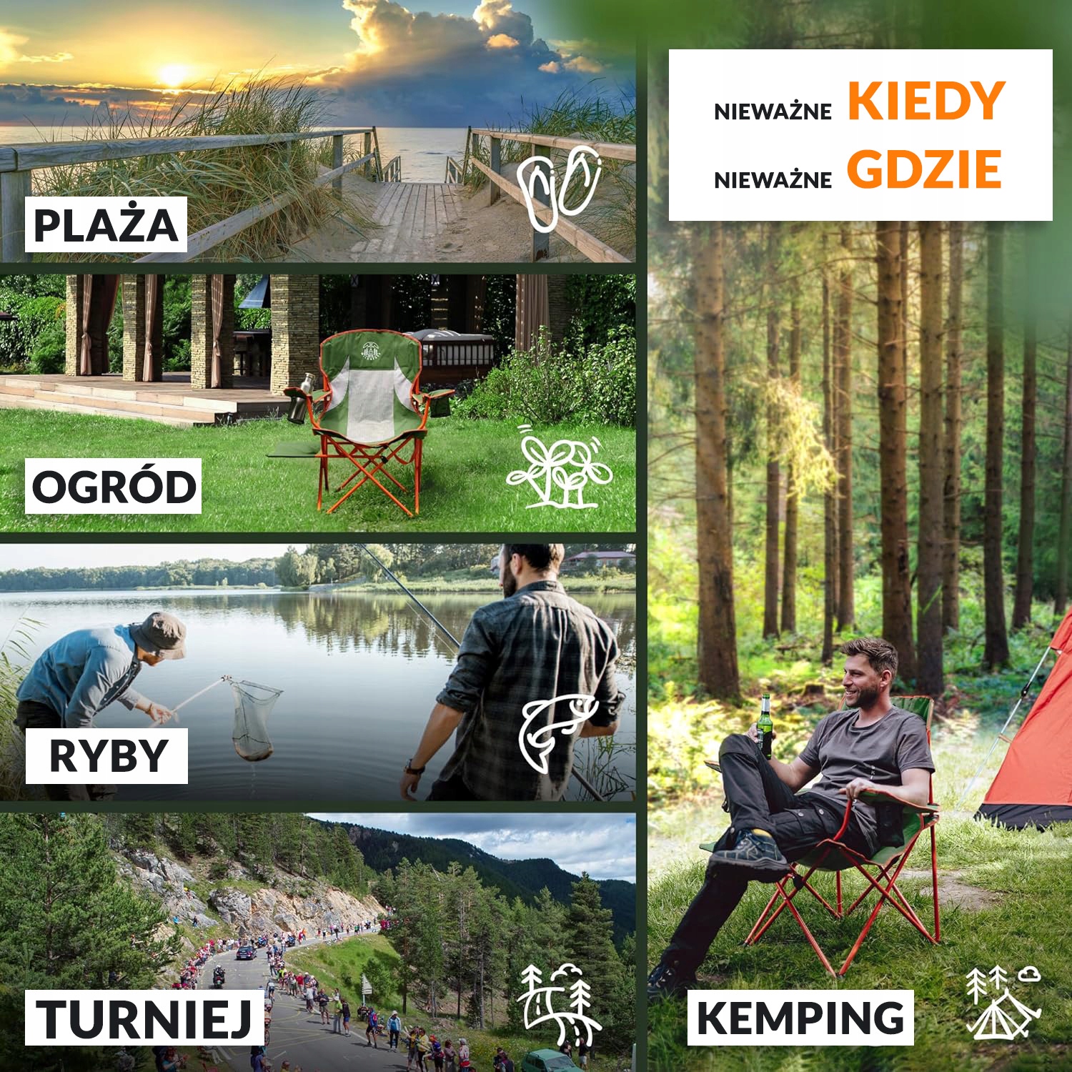 Krzesło turystyczne fotel kempingowy składany ze stolikiem bocznym kemping Model WildFree