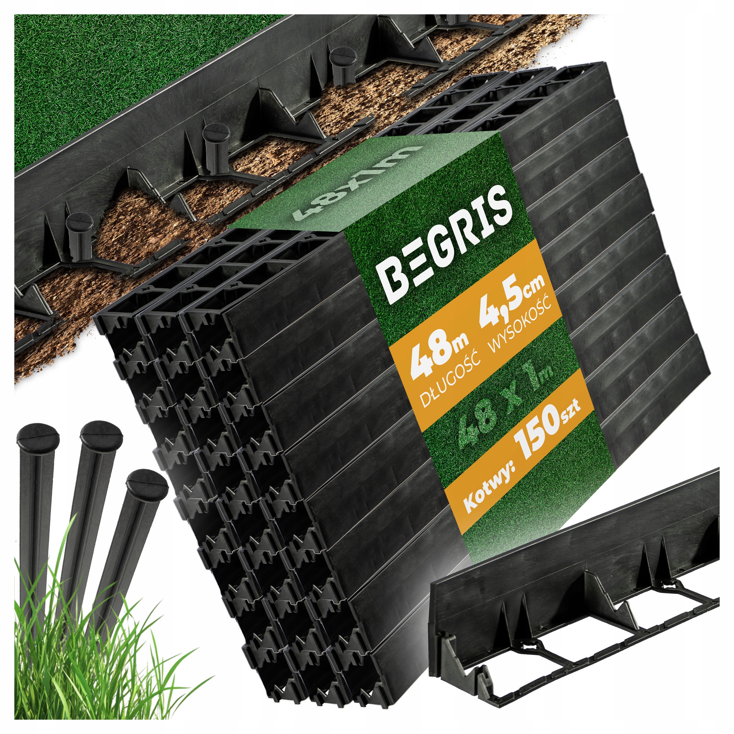 Obrzeże Trawnikowe Ogrodowe 4,5CM 48M 150 Kotew Border Wytrzymałe Czarne