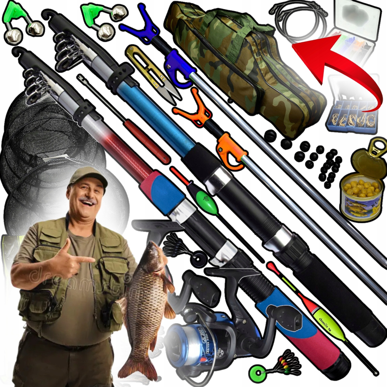 Gotowy Zestaw Wędkarski Ogromny 2x Wędka 2x Kołowrotek Torba Siatka 16w1