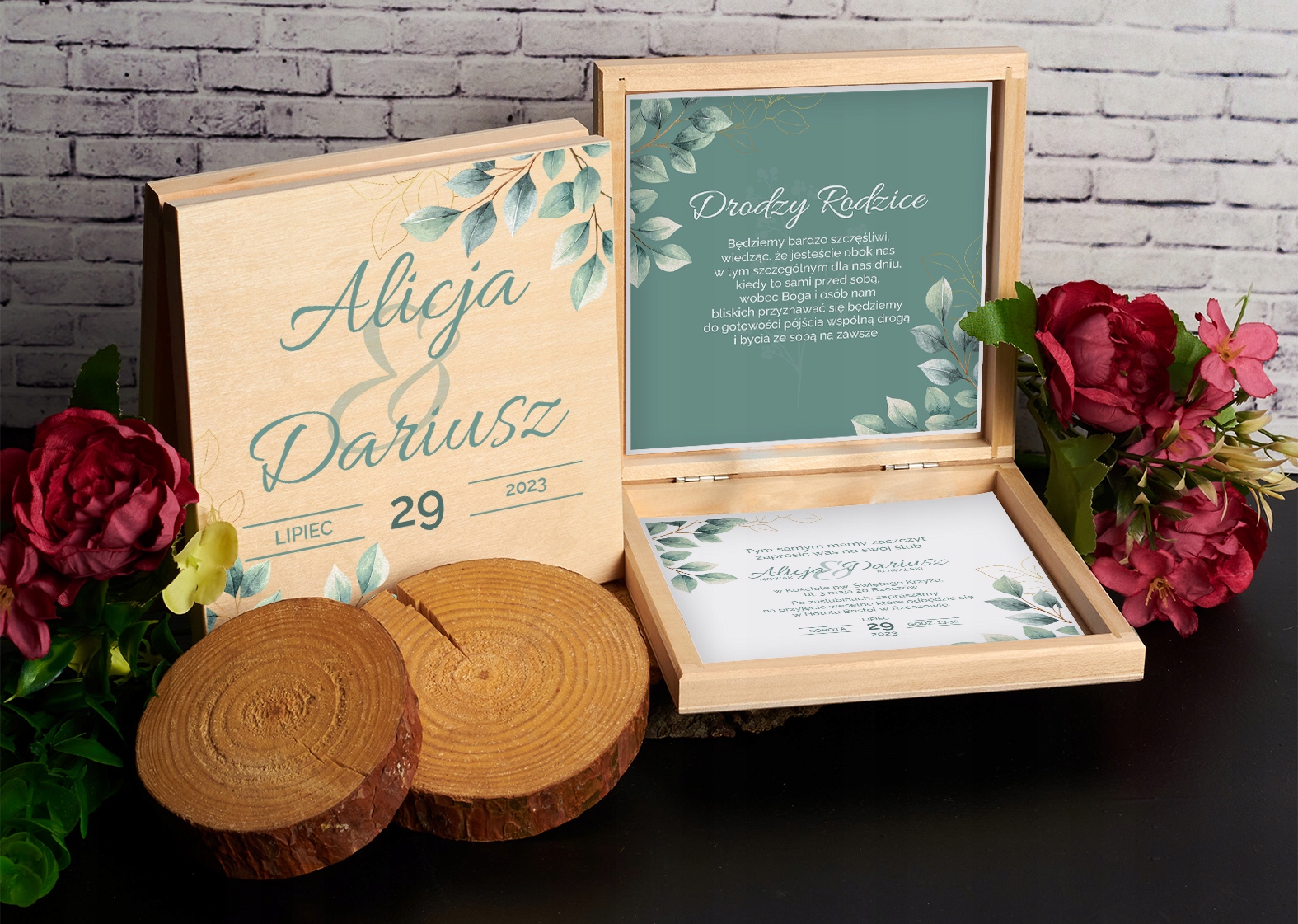 PUDEŁKO DREWNIANE ZAPROSZENIE PROŚBA DLA RODZICÓW ŚLUB WESELE ZIELONE Z2 Wysokość produktu 14.5 cm