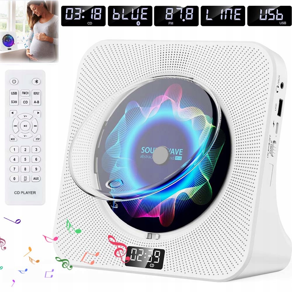 Radio Aux Usb Fm Bílý MP3 HiFi Přenosný CD Přehrávač Bluetooth Reproduktor