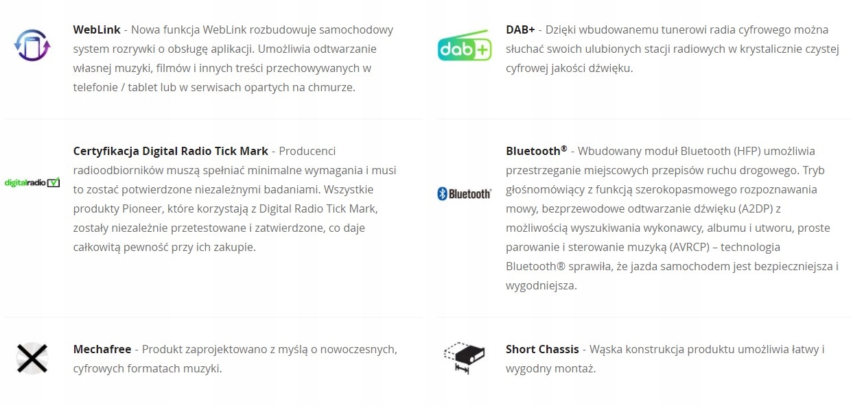 PIONEER DMH-A340DAB RADIO 2DIN FLAC BT USB MP3 AUX Radio informacja RDS pasmo FM radio cyfrowe DAB+