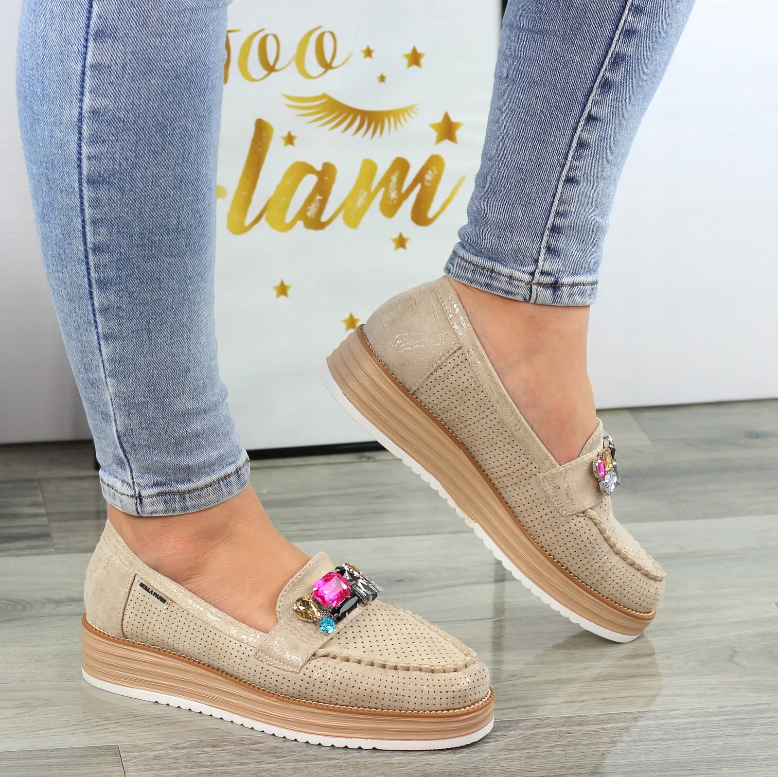 BEŻOWO ZŁOTE PÓŁBUTY ZAMSZOWE MOKASYNY KAMIENIE 39 Rozmiar 39