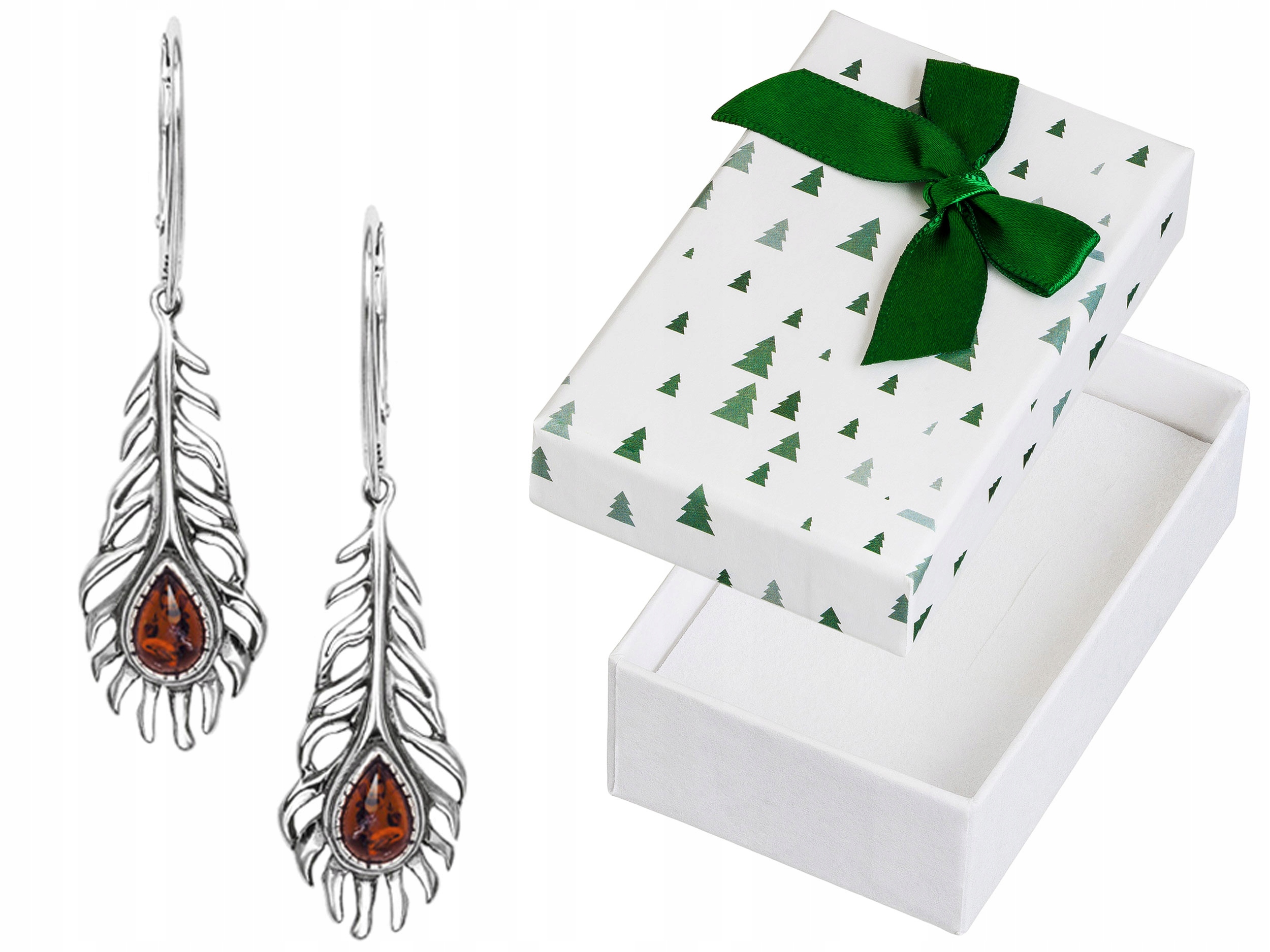 Stříbrné Náušnice Závěsná pera s jantarem Anglické zapínání pera 925