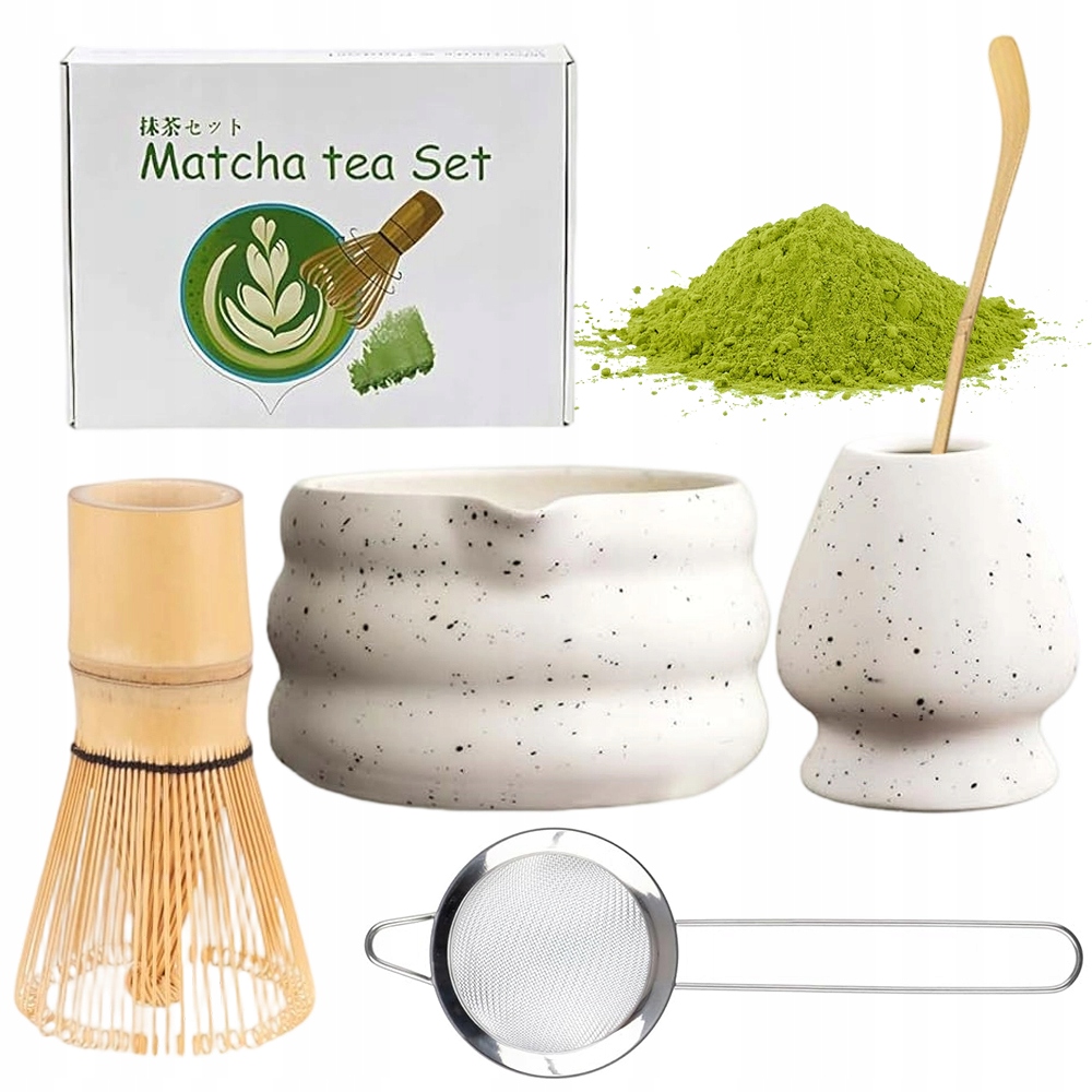 Zestaw Do Herbaty Matcha Ceramika Drewno Akcesoria Parzenie 5CZĘŚCI Premium