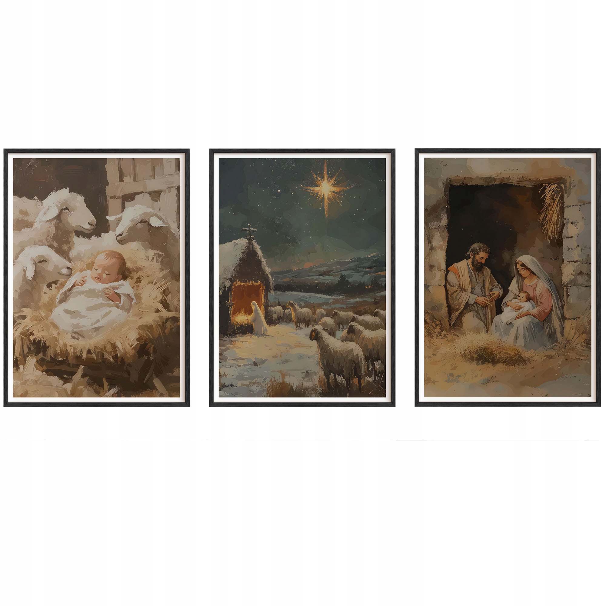 Obrazy Ježiš Betlehem Szopka Plagáty Rámy Drevené Čierne 3ks 30x42 cm