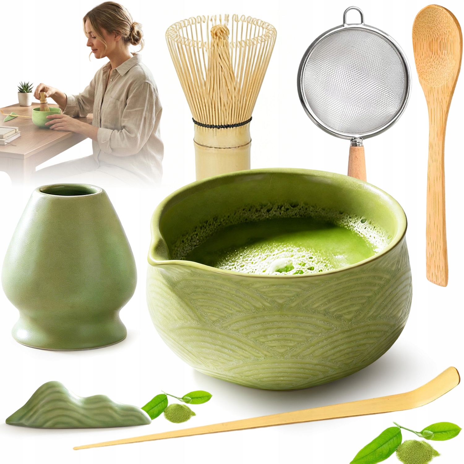 Zestaw Matcha 7 Elementy Tradycyjny Z Bambusa Naturalne Drewno Miotełka