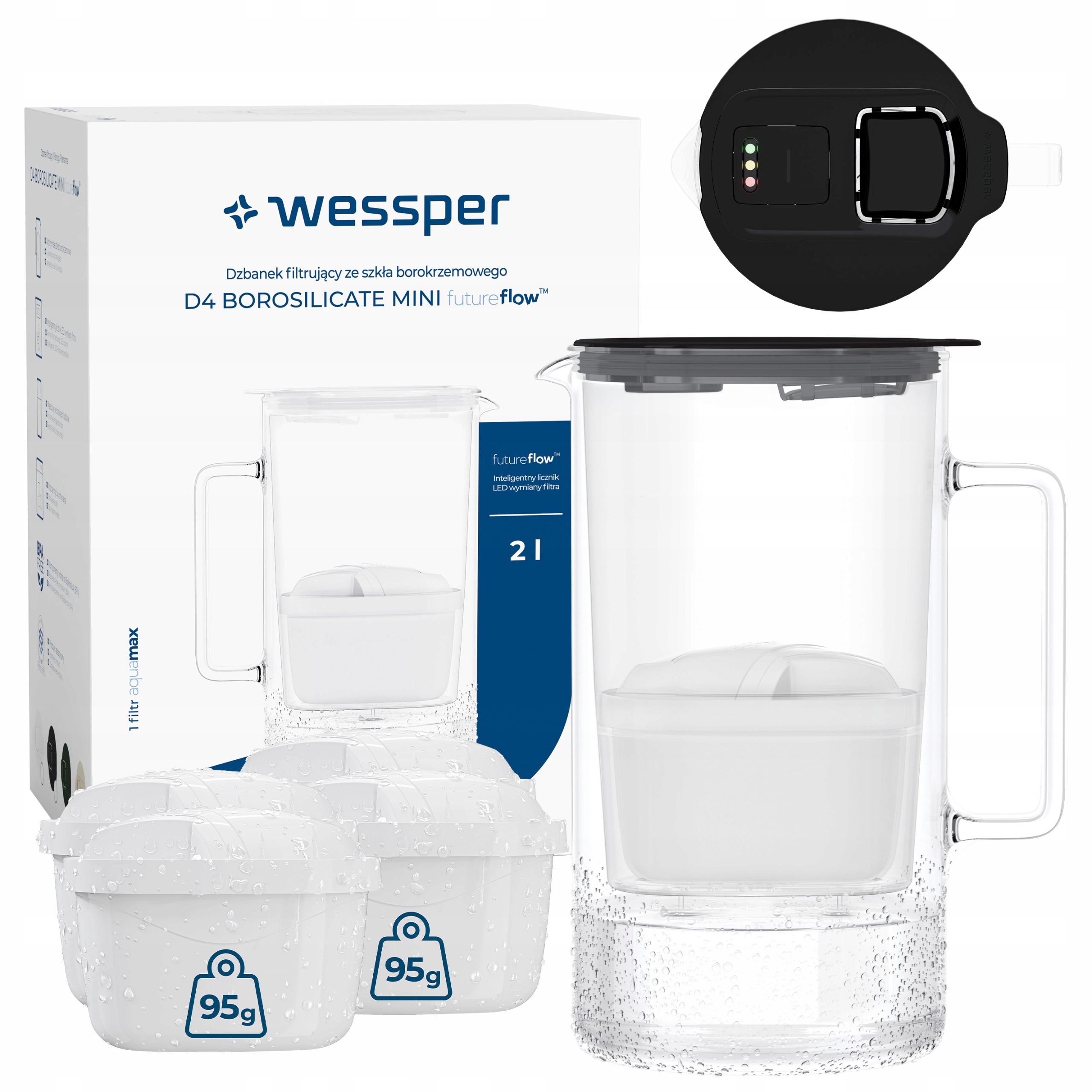 Szklany dzbanek filtrujący Wessper D4 Borosilicate Mini 2l 5x wkład filtr