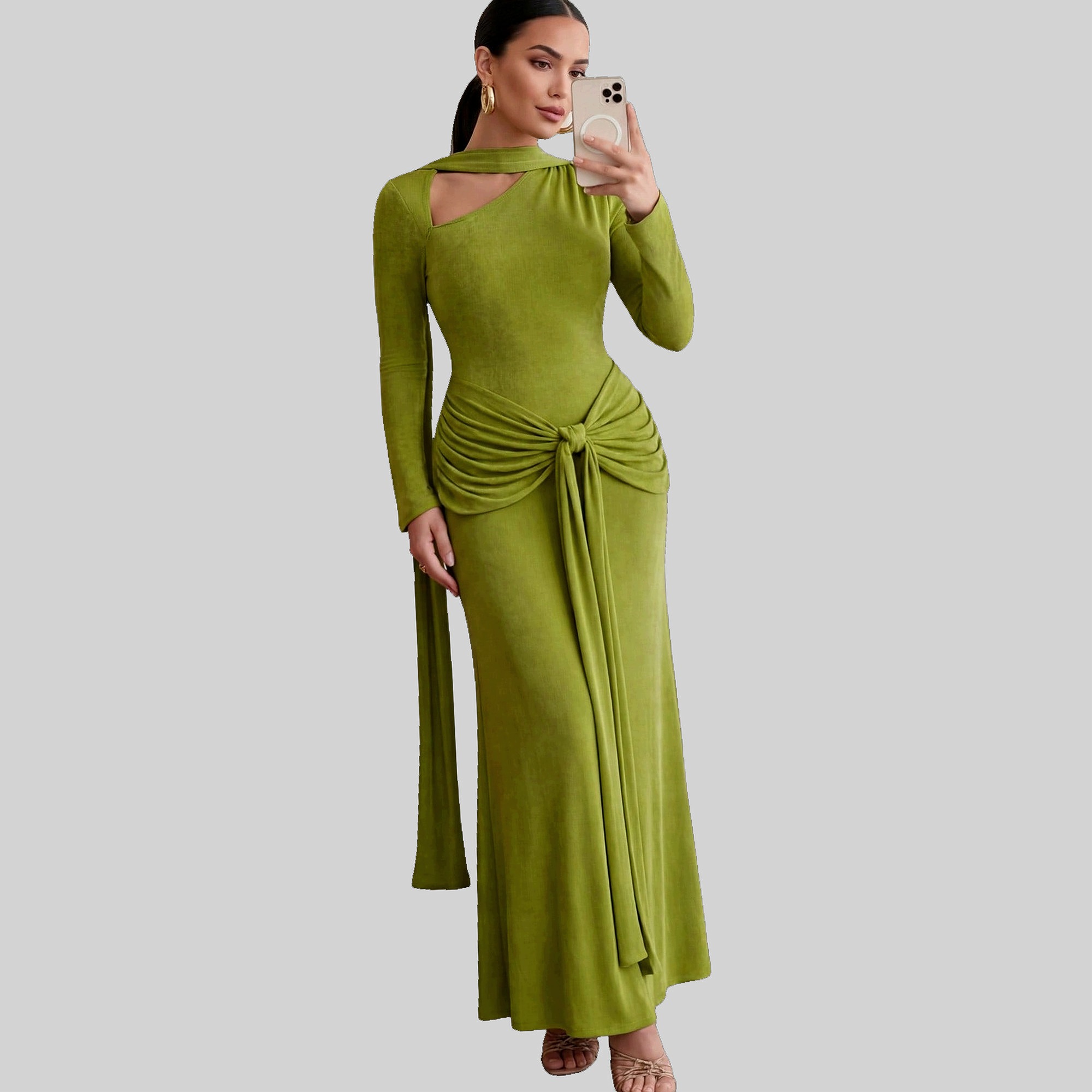Šaty Zelená Maxi Elegantní Dlouhý nařasený rukáv s vázáním Shein S