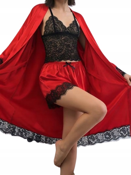 Saténový Komplet, Červený Župan, Krajkový Pyžamový Top, Pyžamové Šortky XL