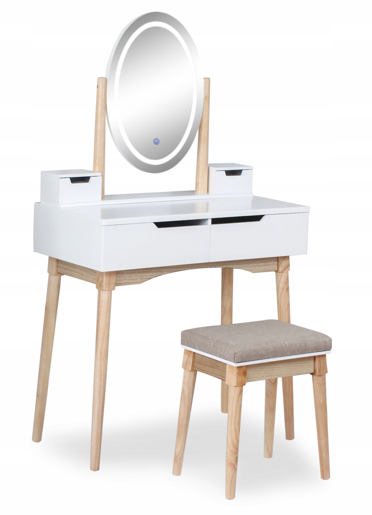 TOALETKA z LUSTREM i TABORETEM drewniana OŚWIETLENIE LED biała KOSMETYCZNA Marka SAPPHIRE