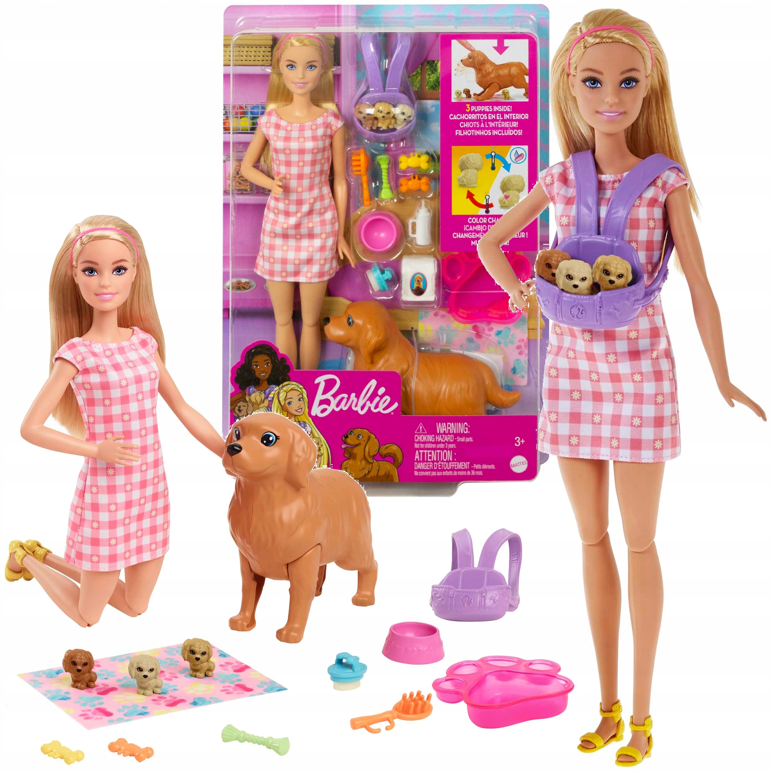 BARBIE KUTYUS SZÜLETÉS SZETT BABA + 4 DB KUTYUS FIGURA HORDOZÓ + KIEGÉSZÍTŐ.