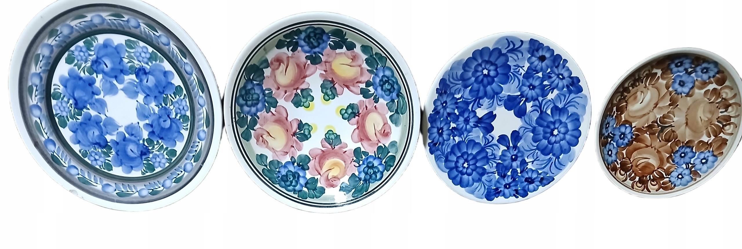 KOŁO FAJANS 4 TALERZE RĘCZNIE MALOWANE KWIATY VINTAGE lata 70 PRL