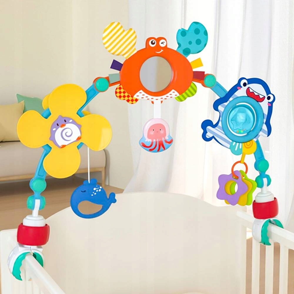 PAŁĄK ŁUK Z ZABAWKAMI GRZECHOTKI DO ŁÓŻECZKA WÓZKA ZWIERZĄTKA DLA NIEMOWLAT Wiek dziecka 0 +