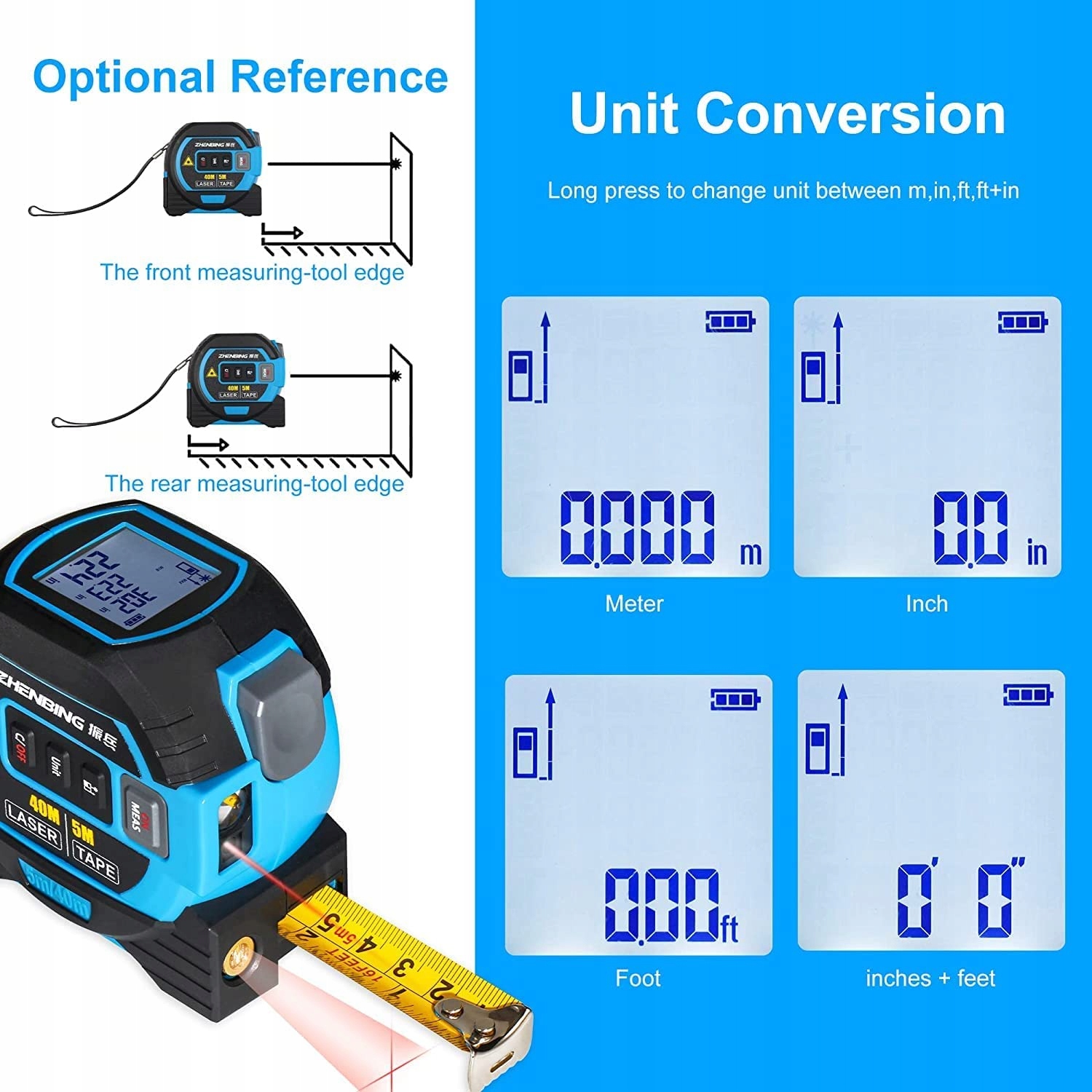 WINTAPE Laserowy Metr 3w1 z Dużym Wyświetlaczem LCD 40M 5M 131ft — miniatura 3