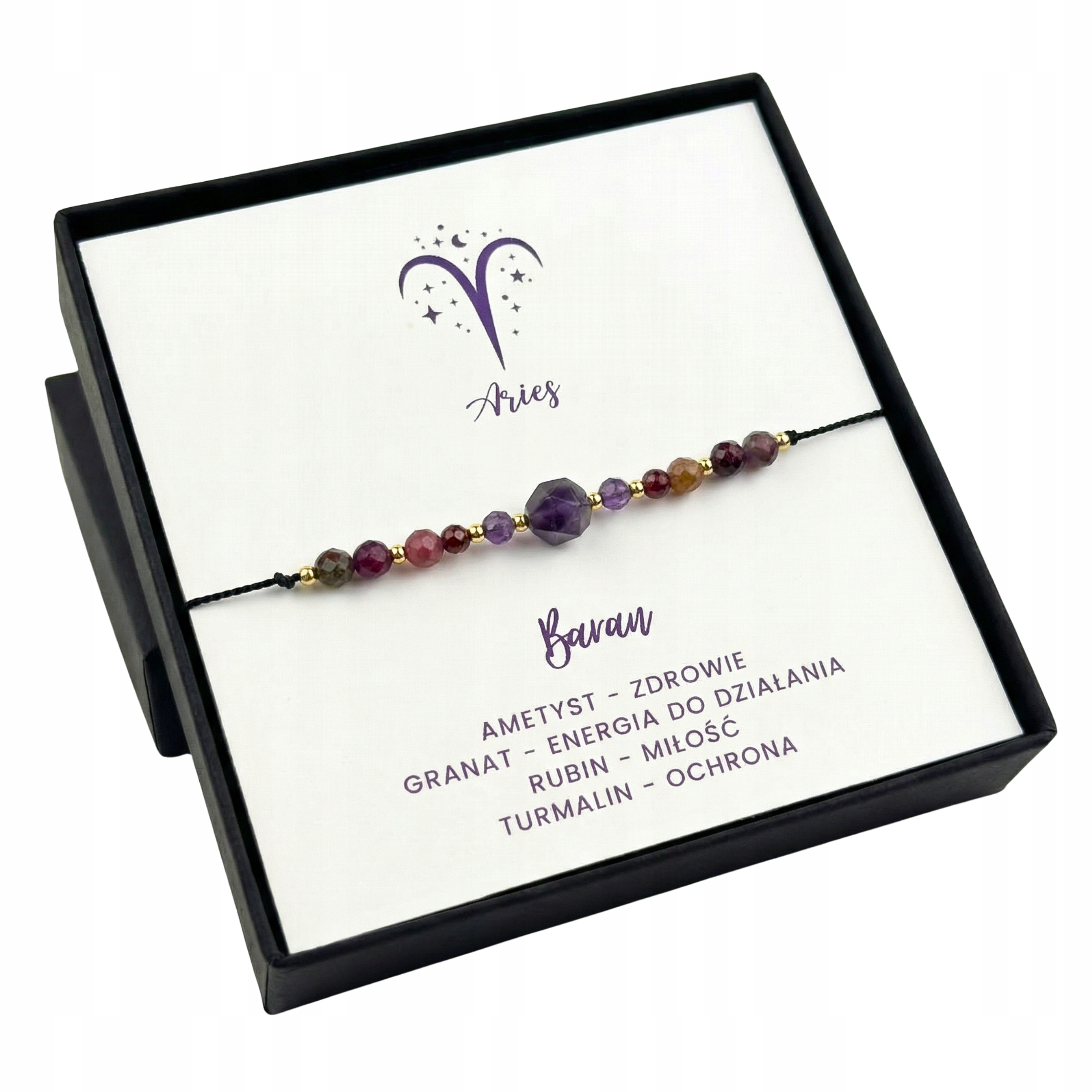 Bransoletka Znak Zodiaku Baran Szczęścia Damska Turmalin Ametyst Rubin
