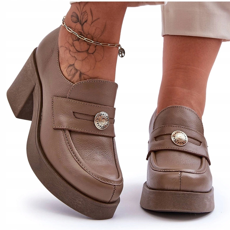 Kožené Polobotky Na Podpatku, Tmavě Béžové, Velikost 39