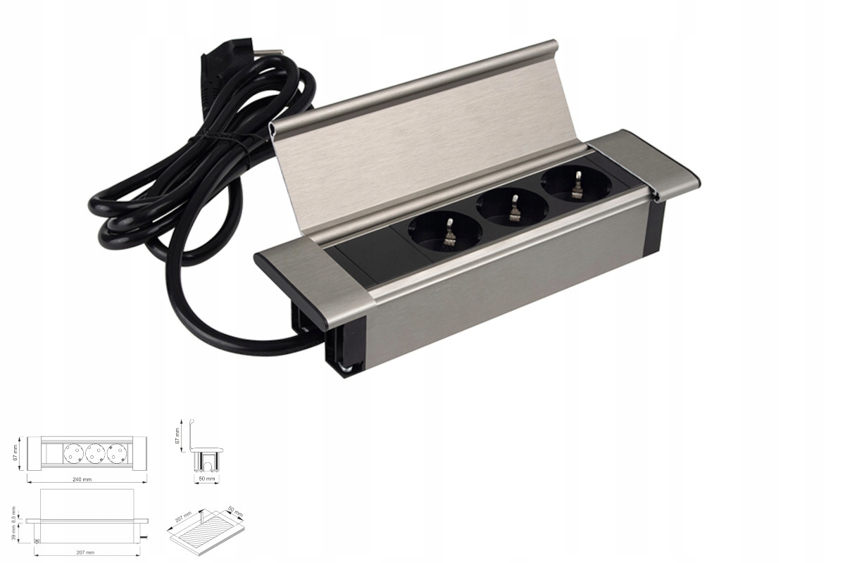 Zásuvka Flat Box ocel škrábaná, 3 x zásuvka Schuko, napájecí kabel
