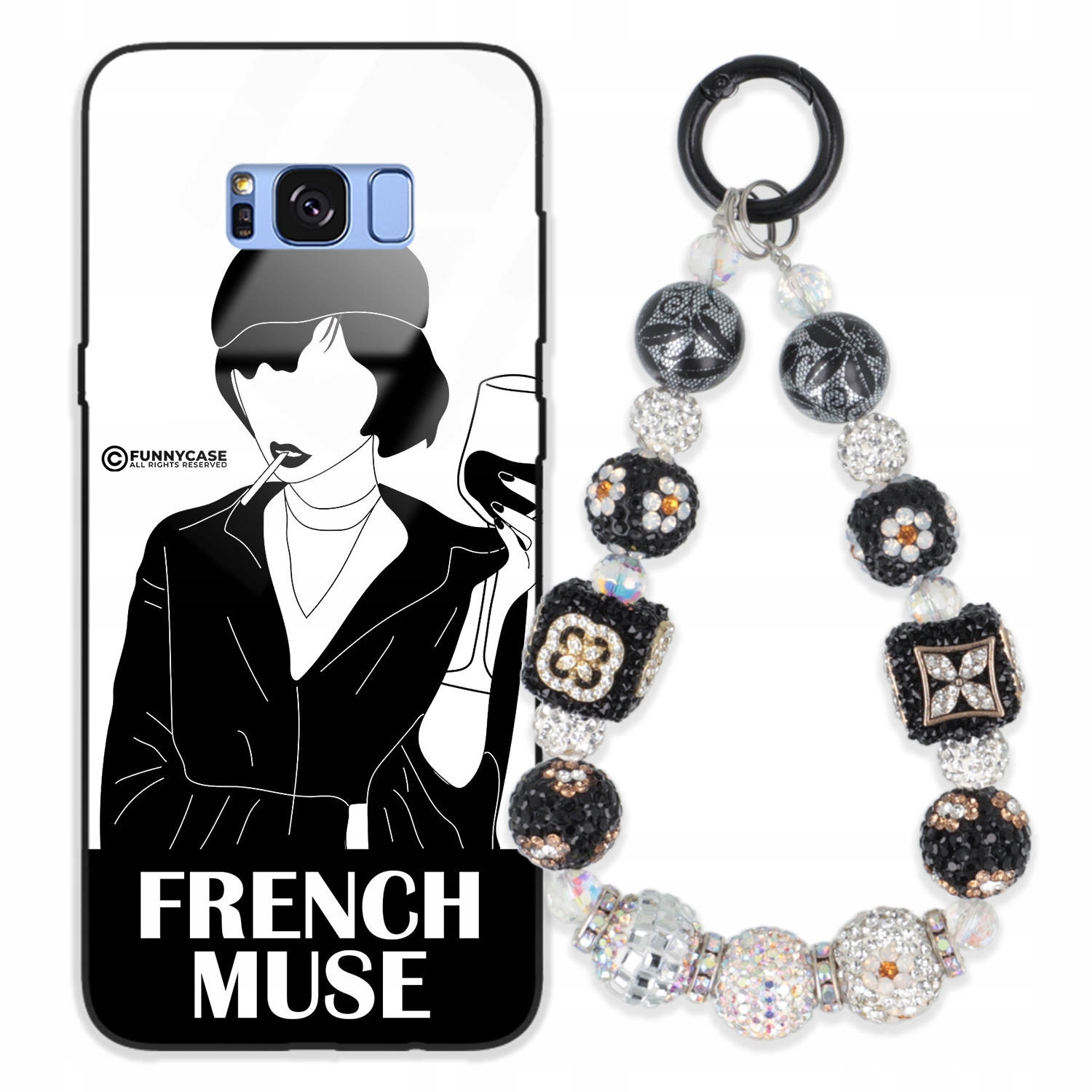 Puzdro Pre Samsung S8 Plus Glass Art Čiernobiela Kľúčenka, Strieborné Zirkóny