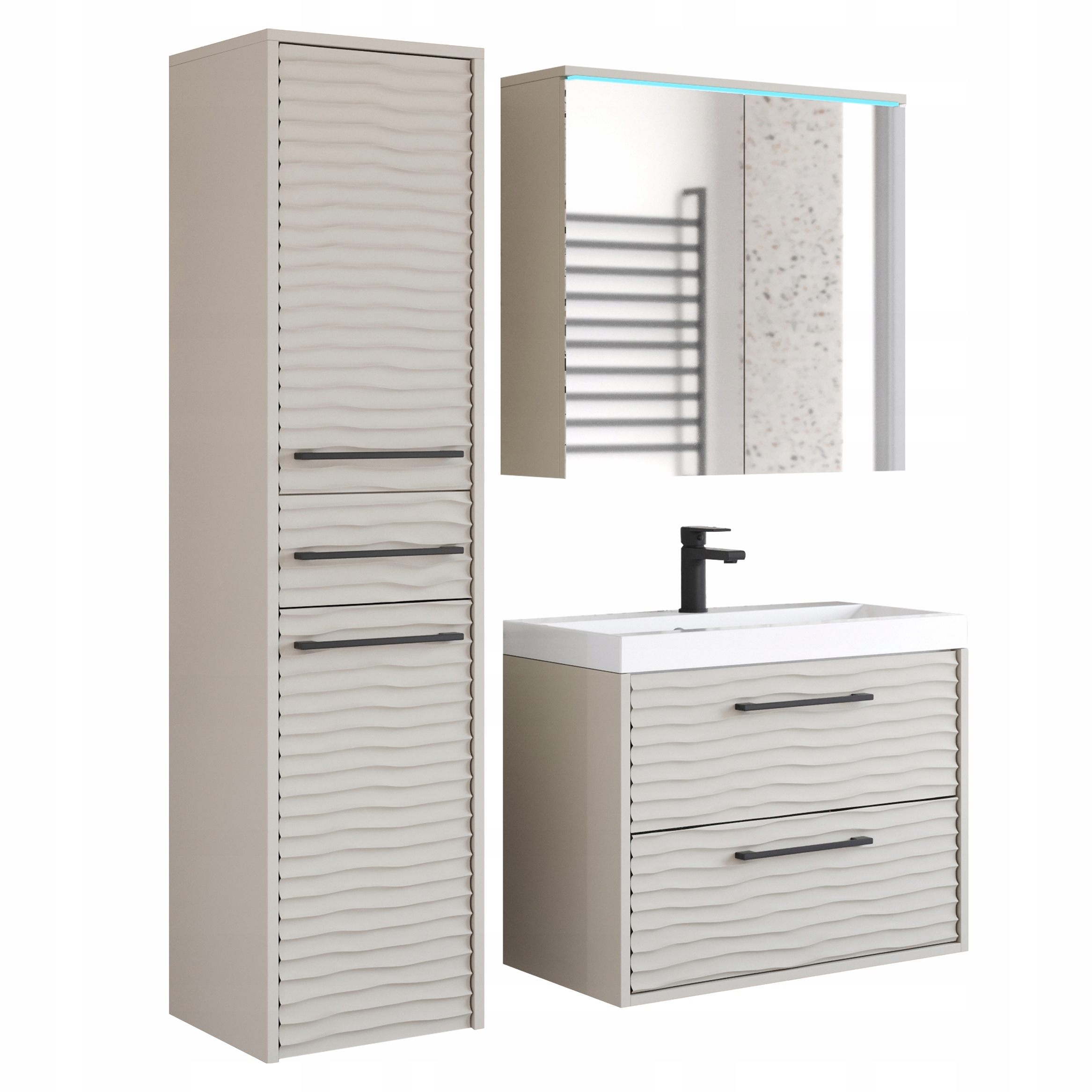 Koupelnový závěsný set s umyvadlem zrcadlo přední sloupek Mdf vlna béžová s Led