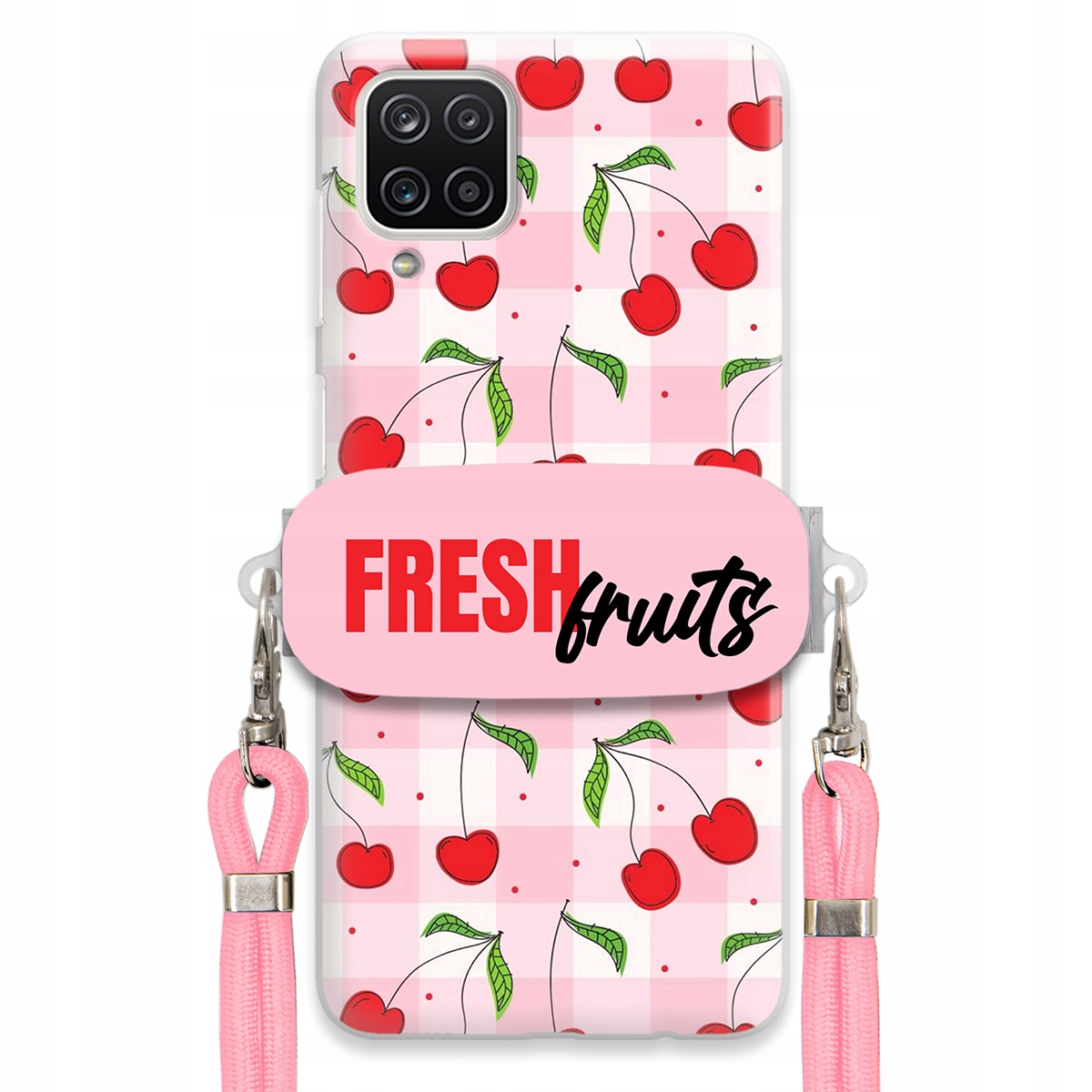 Pouzdro pro Samsung F12 Case Držák Šňůrka Růžová Fresh Fruits Mřížka Ovoce