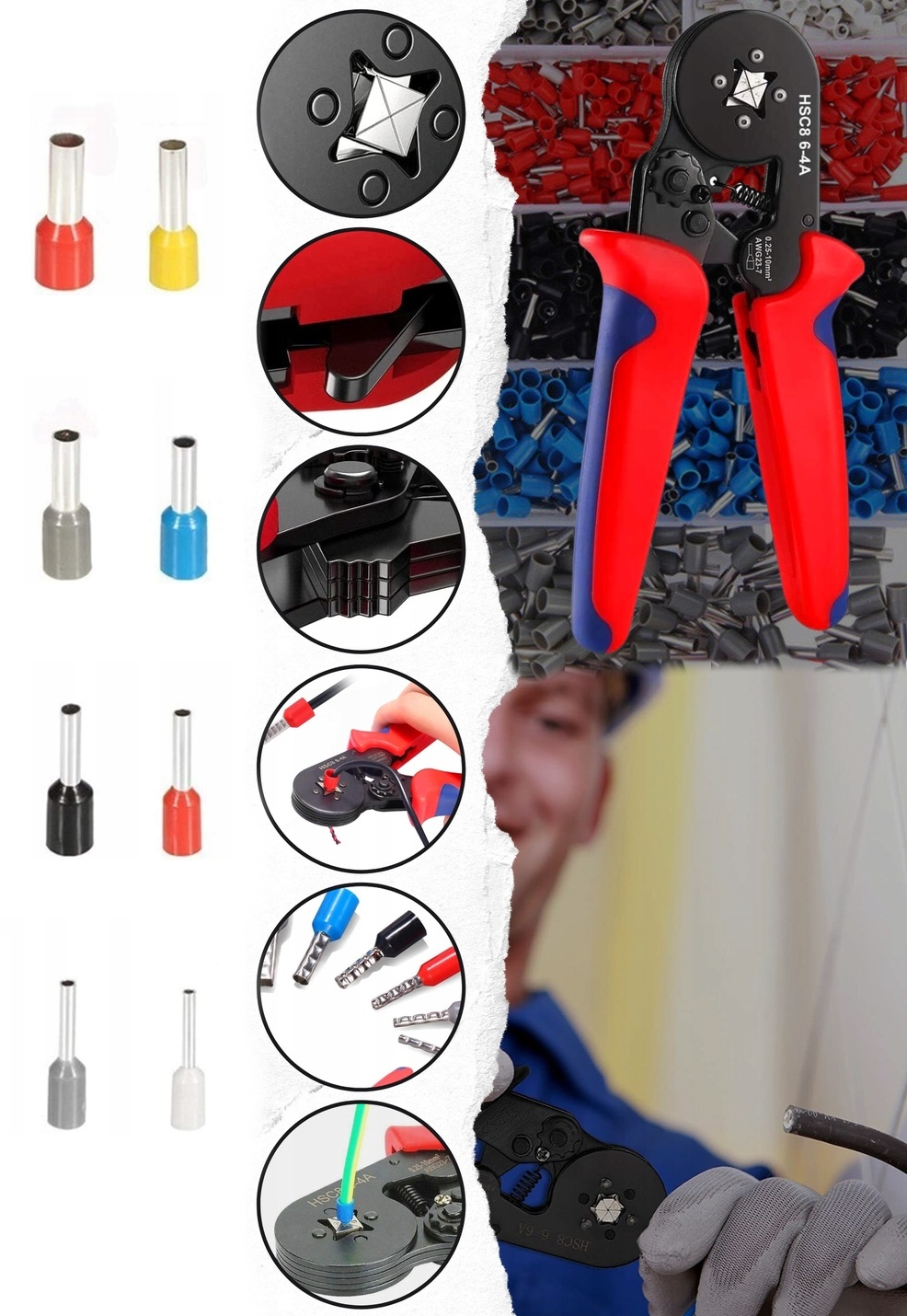 ZACISKARKA PRASKA DO KONEKTORÓW KABLI PRZEWODÓW 1800 SZT TULEJEK 0.25-10mm² Kolor wielokolorowy