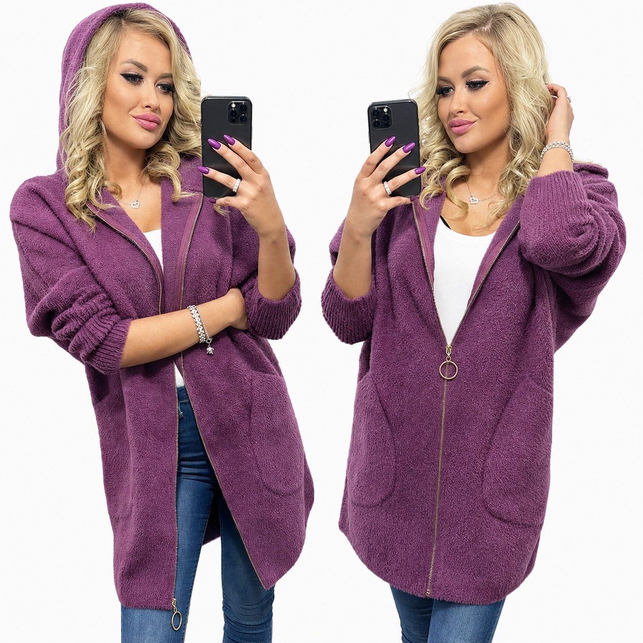 Alpaki Zip Kabát Vlna Barvy oversize Dlouhý Vřesový