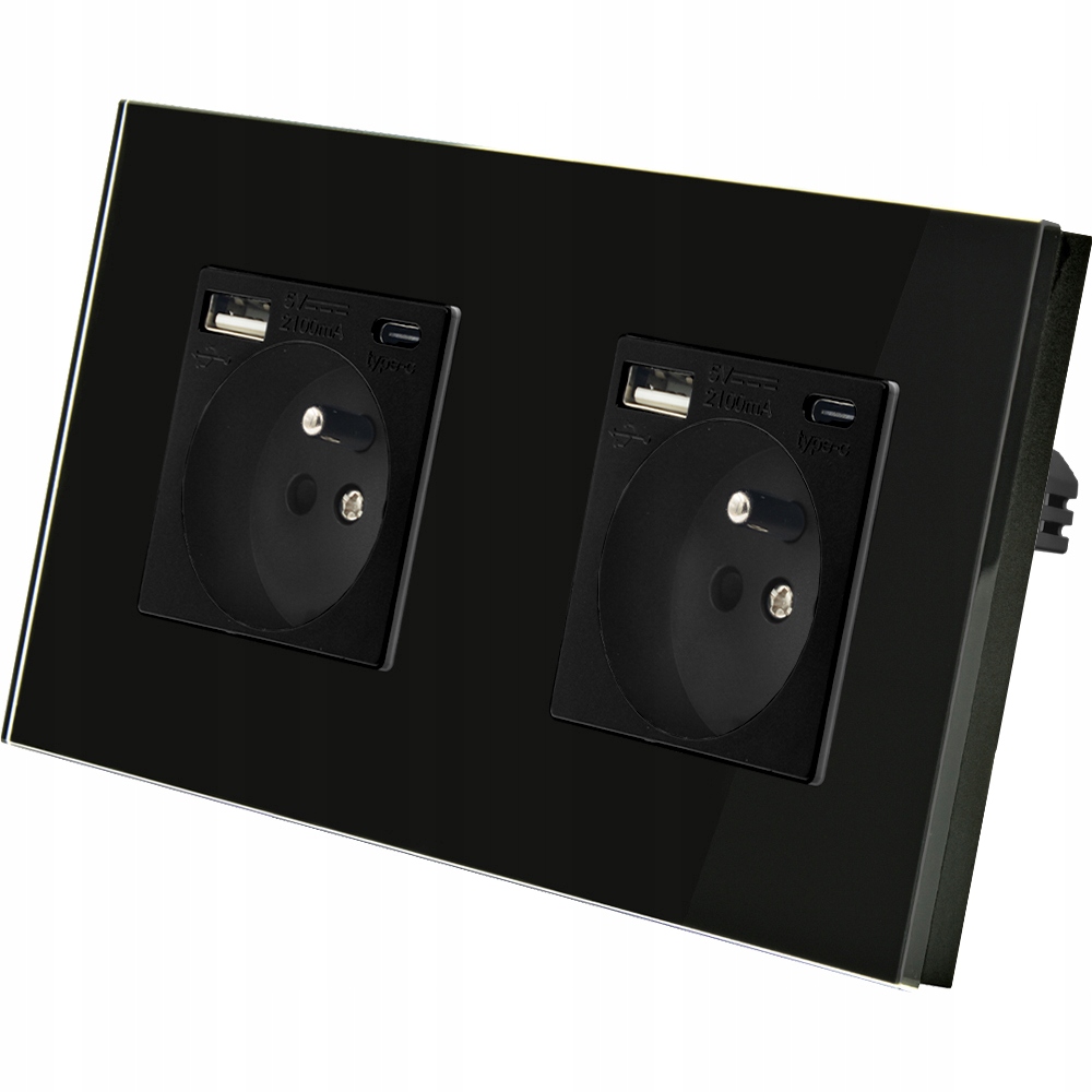 Gniazdko szklane podwójne z ładowarką Usb A+c szybkie ładowanie 3.1A czarne