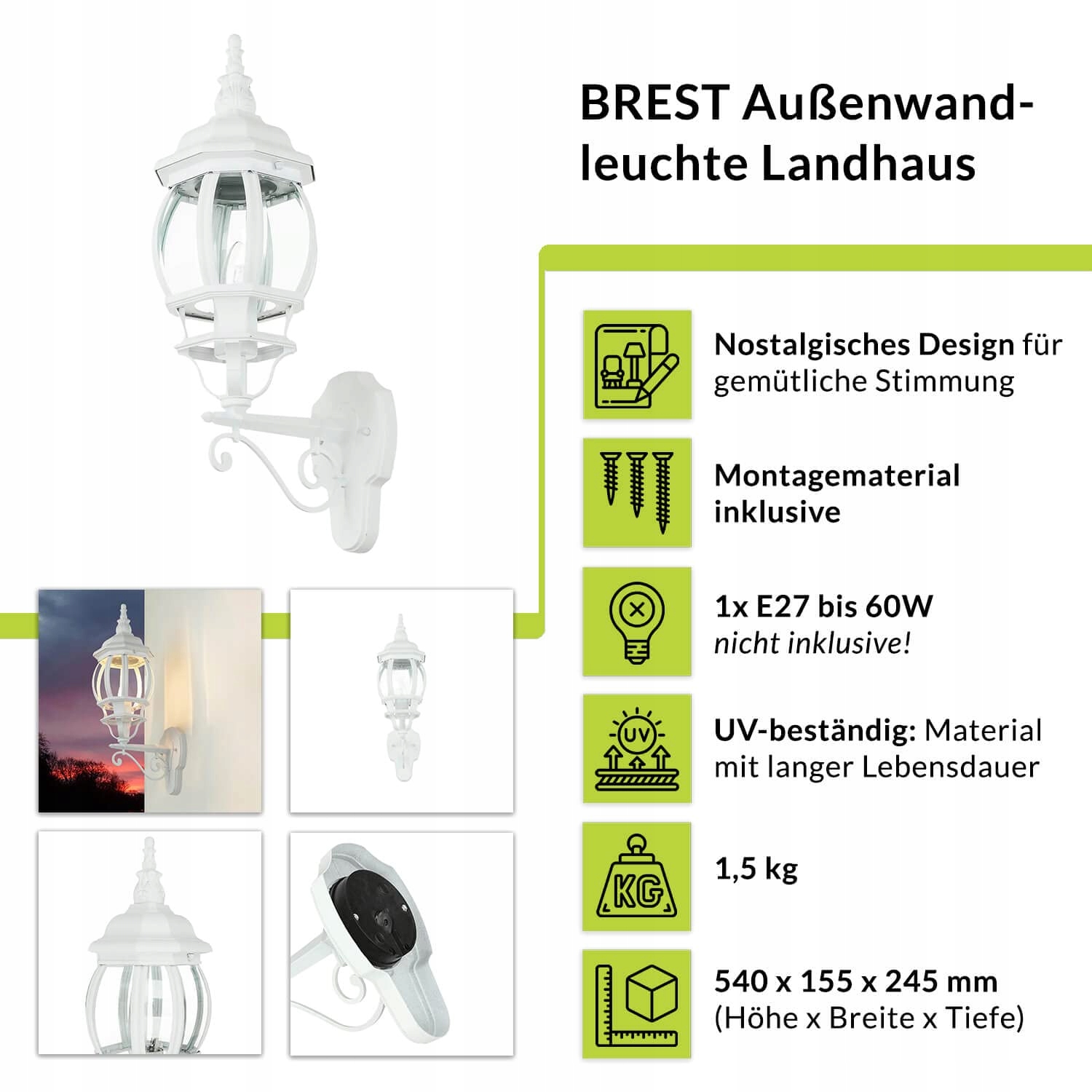 Lampa Zewnętrzna Ścienna Ogrodowa Rustykalna Biała E27 IP23 BREST — miniatura 2