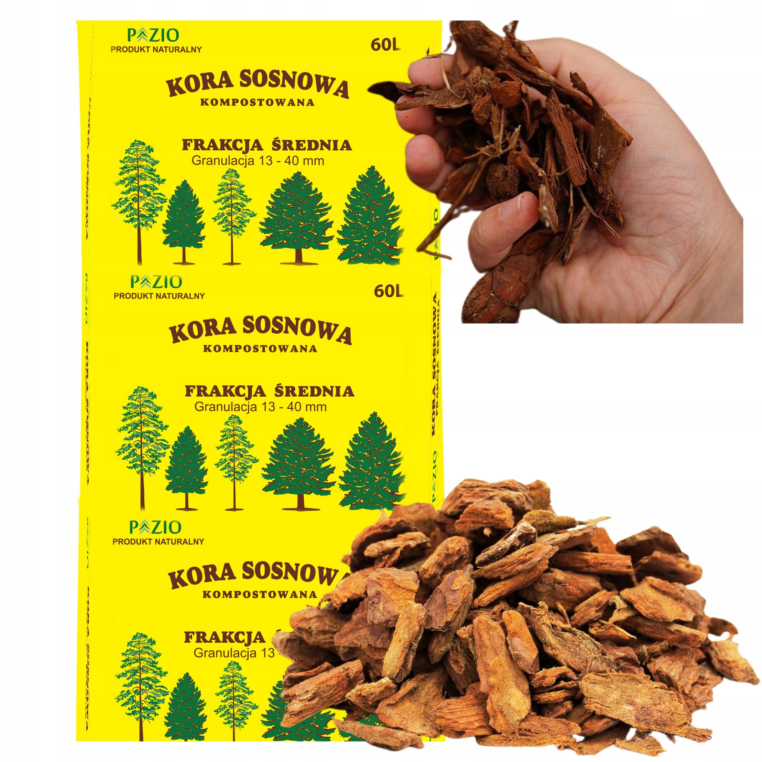 KORA SOSNOWA ŚREDNIA 13-40mm 60L KOMPOSTOWANA OGRÓD PRZESIEWANA DEKORACYJNA