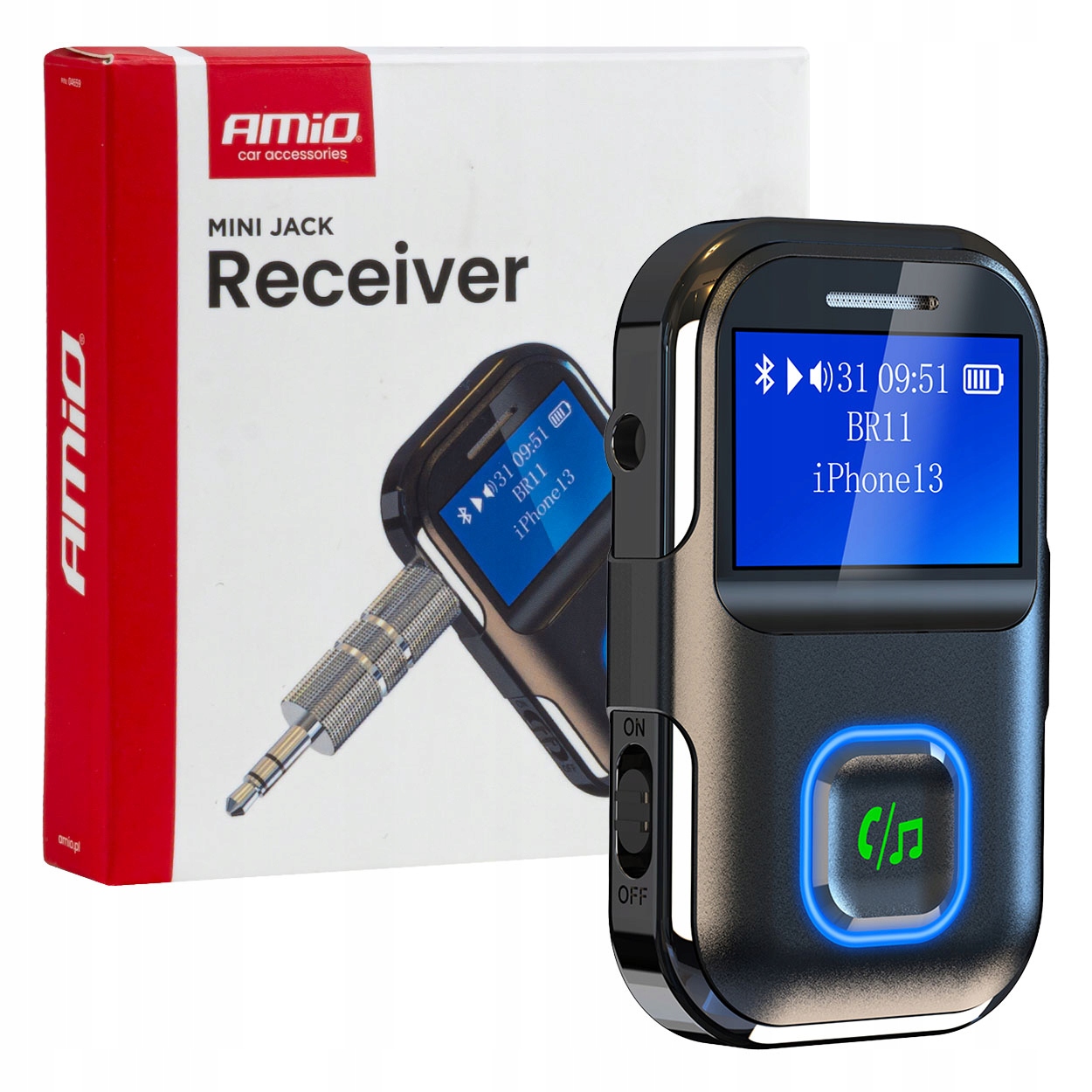 Odbiornik bluetooth na mini jack LCD Aux AMIO-04659