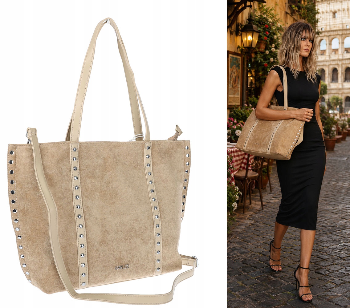 Dámská shopper semišová kabelka s nýty, módní kabelka přes rameno KJ1136 Béžová