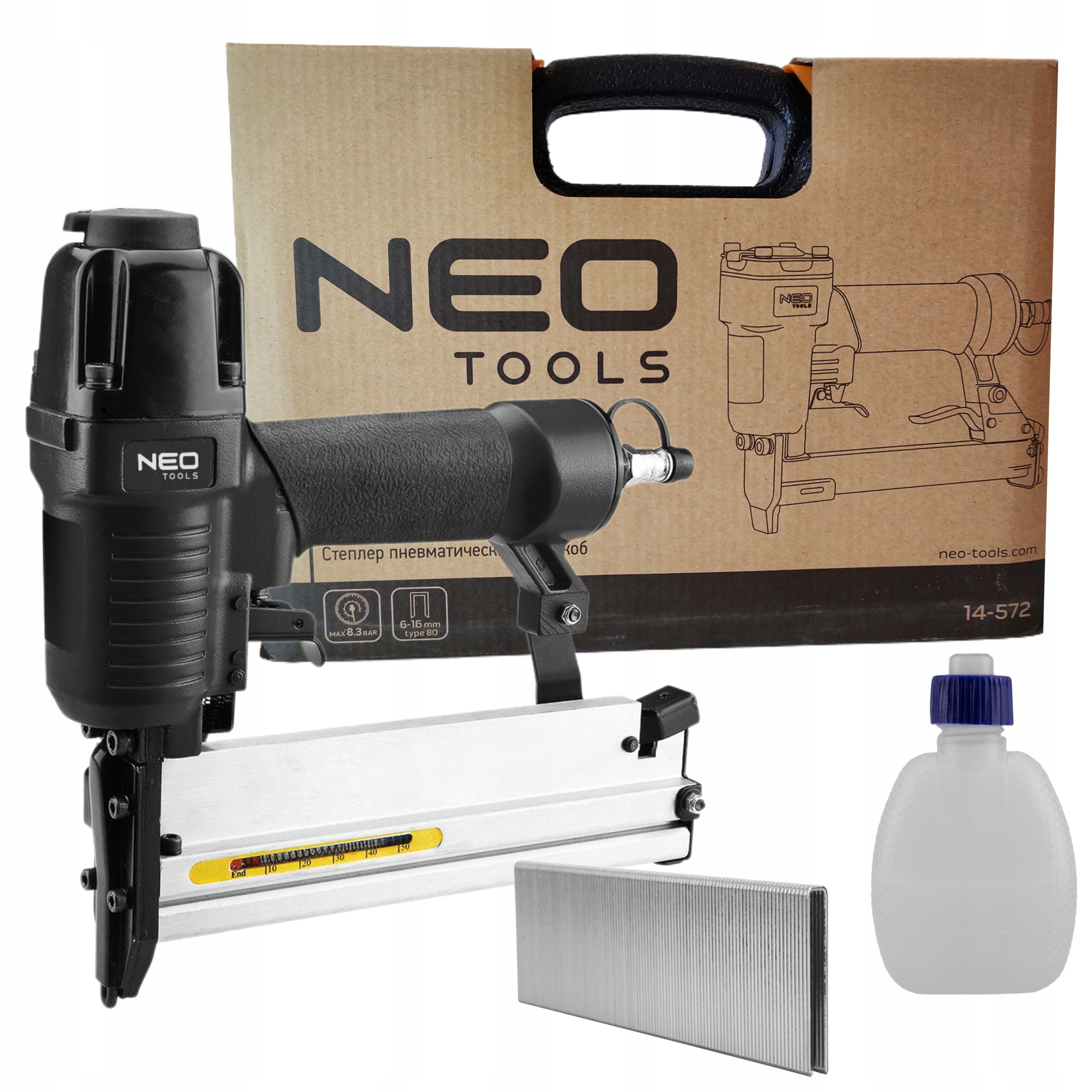 Pneumatická sešívačka Neo 14-570 16-40MM Sponky Typ 90 15-50MM Hřebíky 300