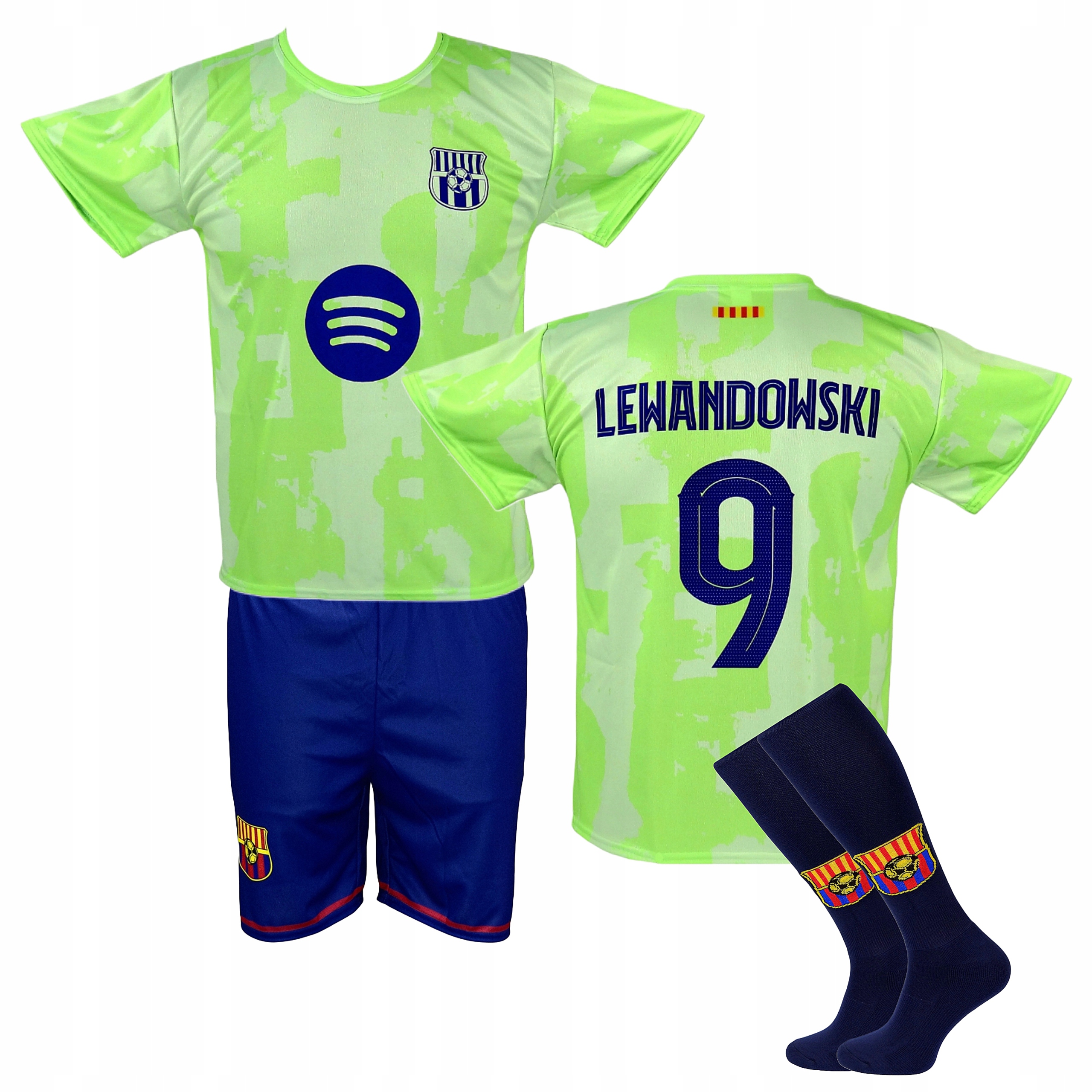Lewandowski Barcelona strój piłkarski koszulka spodenki getry B/z rozm. 146