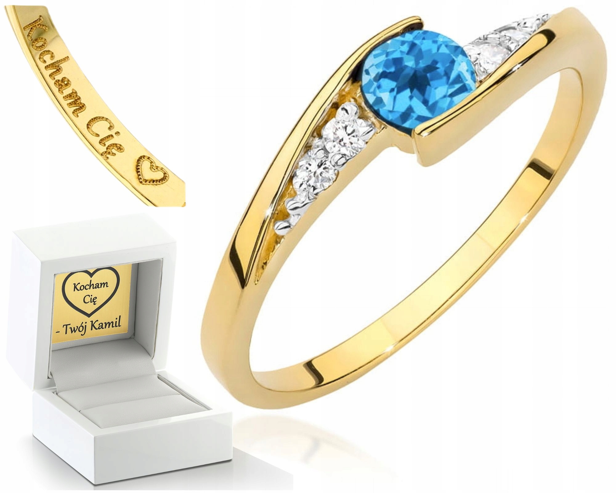 Zlatý Prstýnek Prsten Ze Žlutého Zlata S Topazem A Diamanty, Gravírování 585