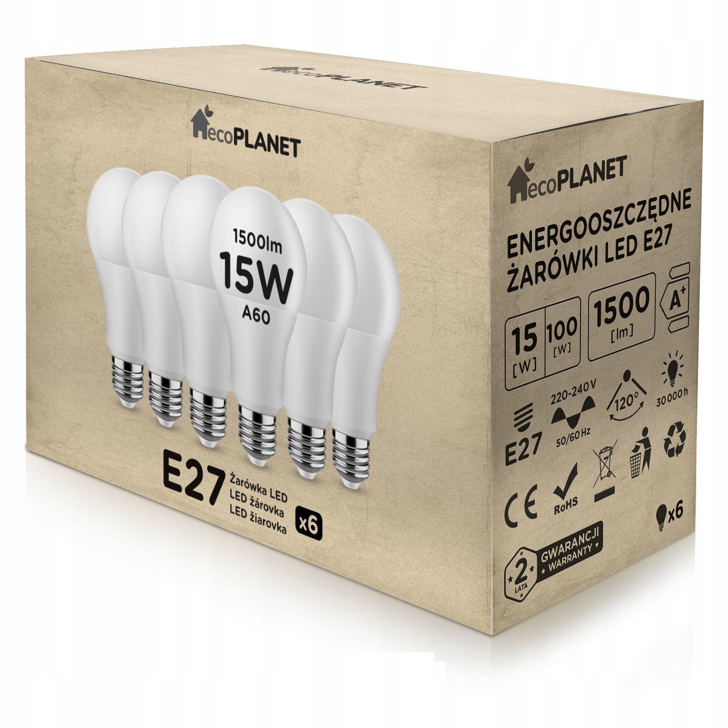 

6x Żarówka Led E27 A60 15W 1500lm Barwy ecoPLANET